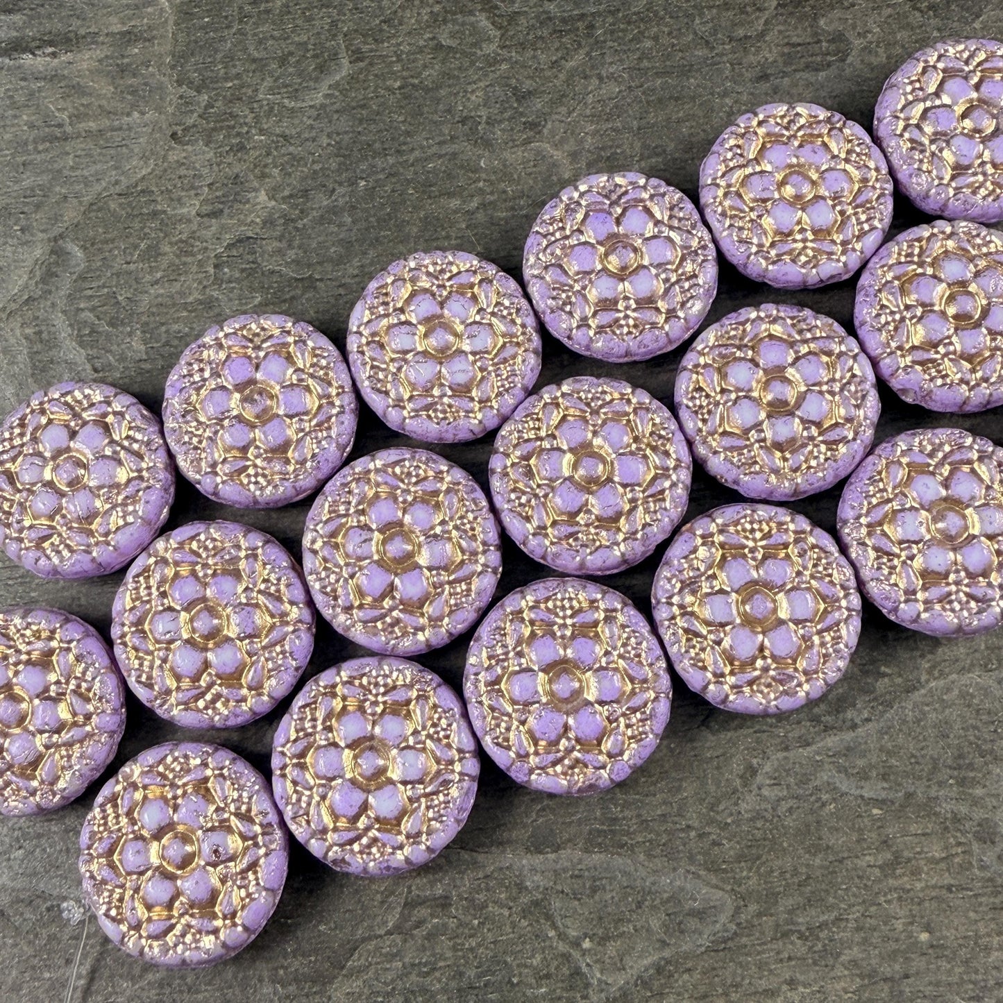 Czech Glass Beads - 18mm Floral Theme Coin, Lilac Purple with Gold Wash (POSY4) * Qty. 4