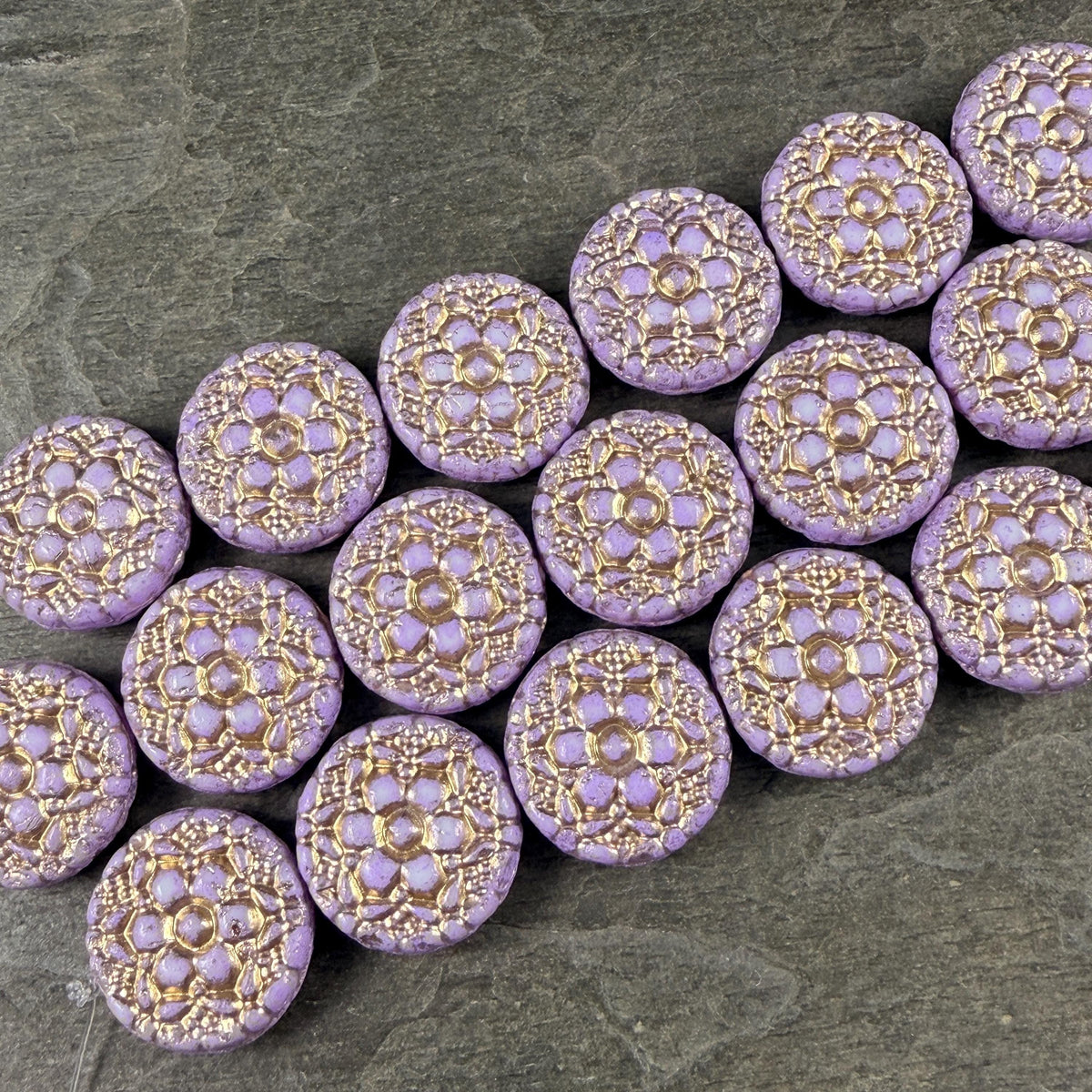 Czech Glass Beads - 18mm Floral Theme Coin, Lilac Purple with Gold Wash (POSY4) * Qty. 4
