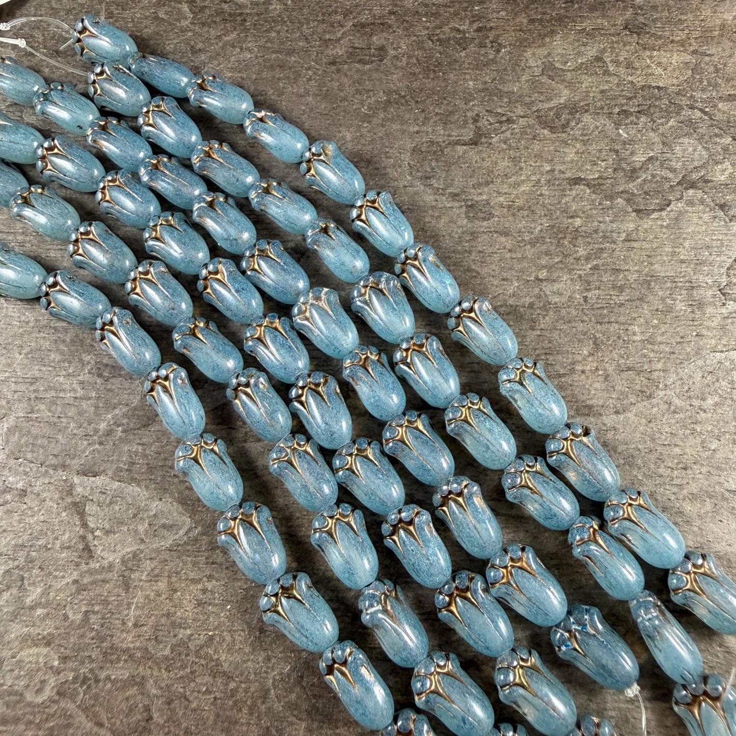 Czech Glass Beads - 12x8mm Lily Bud Flower, Slate Blue with Bronze Wash (LBud1) * Qty. 12