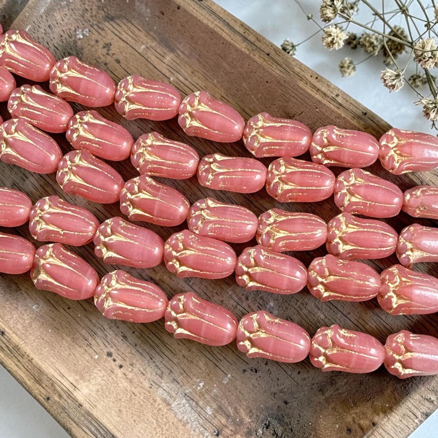 Czech Glass Beads - 12x8mm Lily Bud Flower, Coral Pink Opaline with Gold Wash (LBud59) * Qty. 12