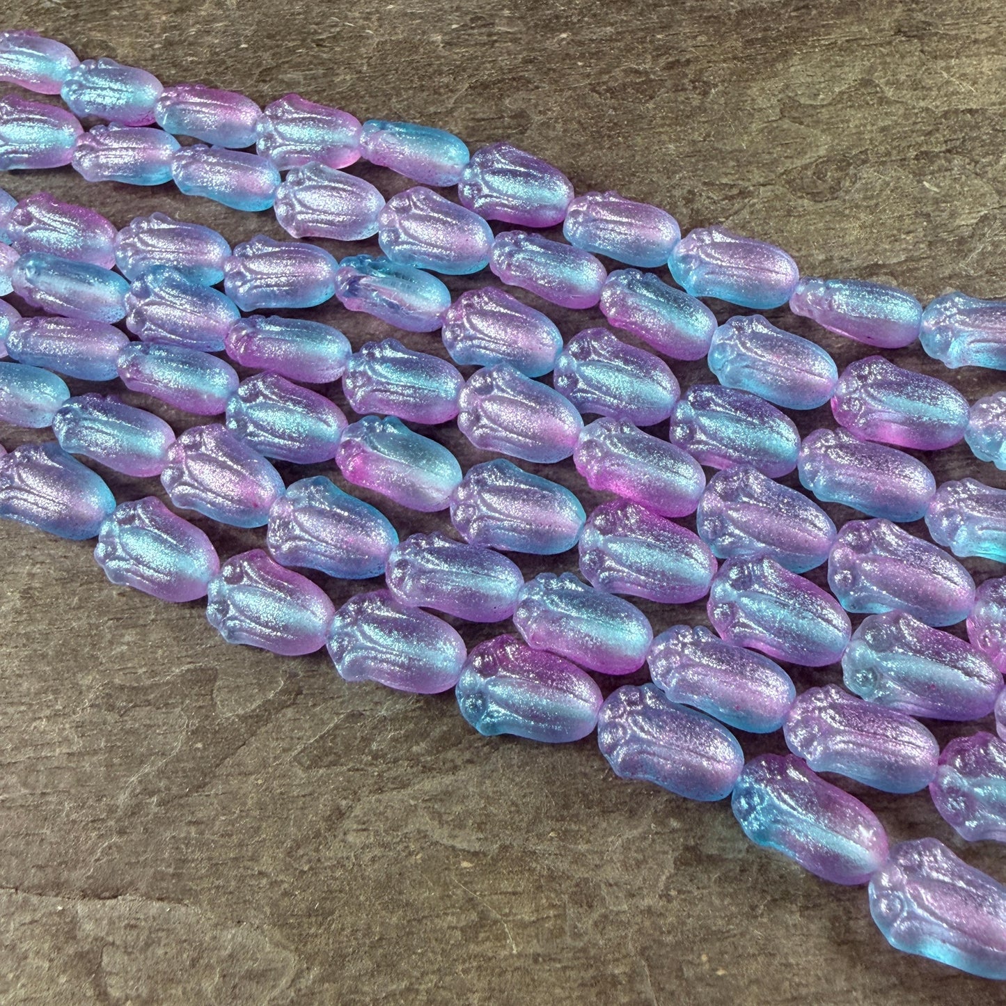 Czech Glass Beads - 12x8mm Lily Bud Flower, Aqua and Lilac Shimmer (LBud56) * Qty. 12