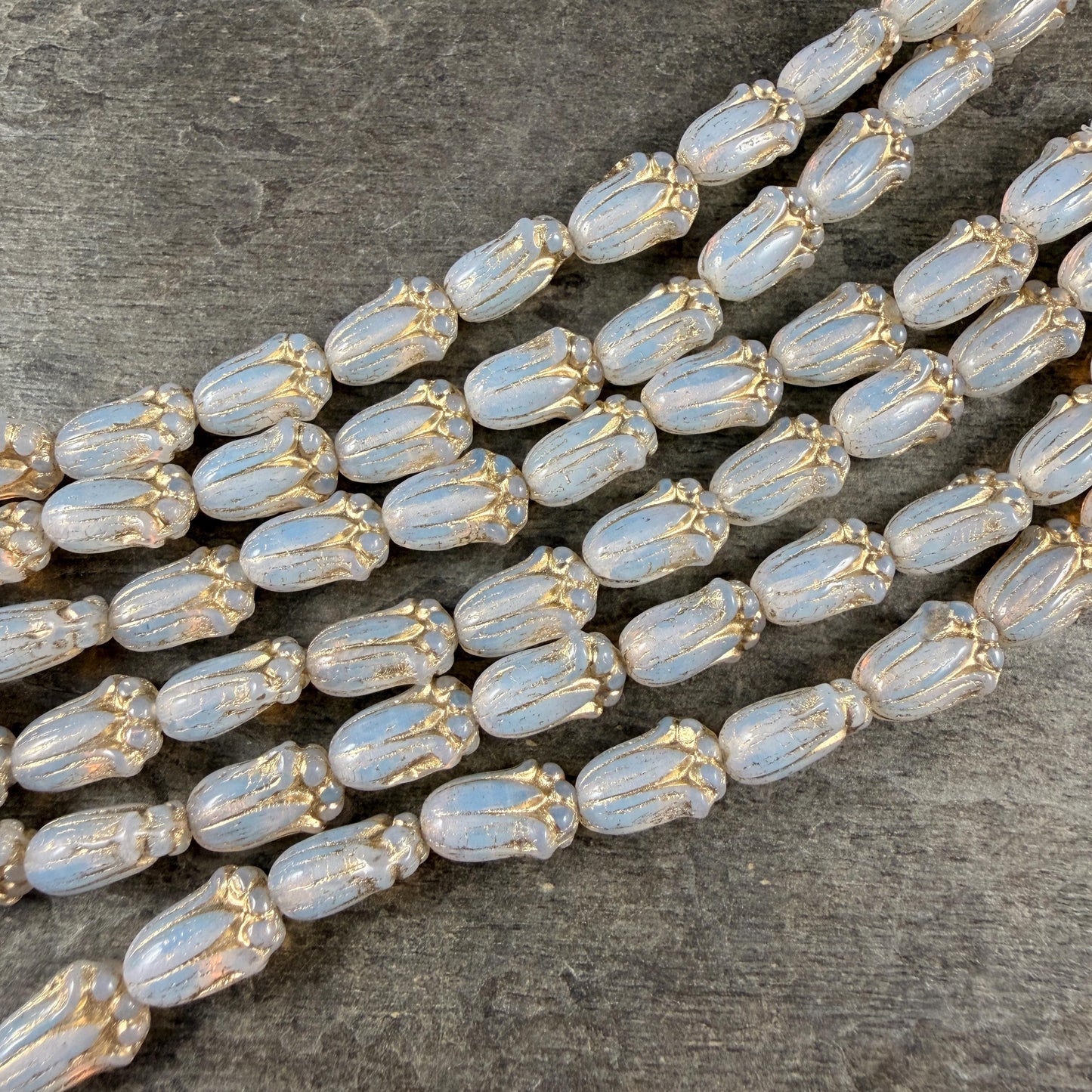 Czech Glass Beads - 12x8mm Lily Bud Flower, White Opaline with Gold Wash (LBud58) * Qty. 12
