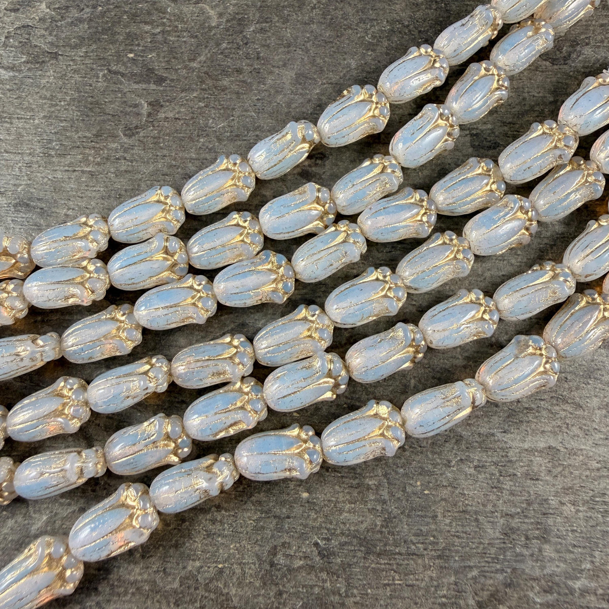 Czech Glass Beads - 12x8mm Lily Bud Flower, White Opaline with Gold Wash (LBud58) * Qty. 12