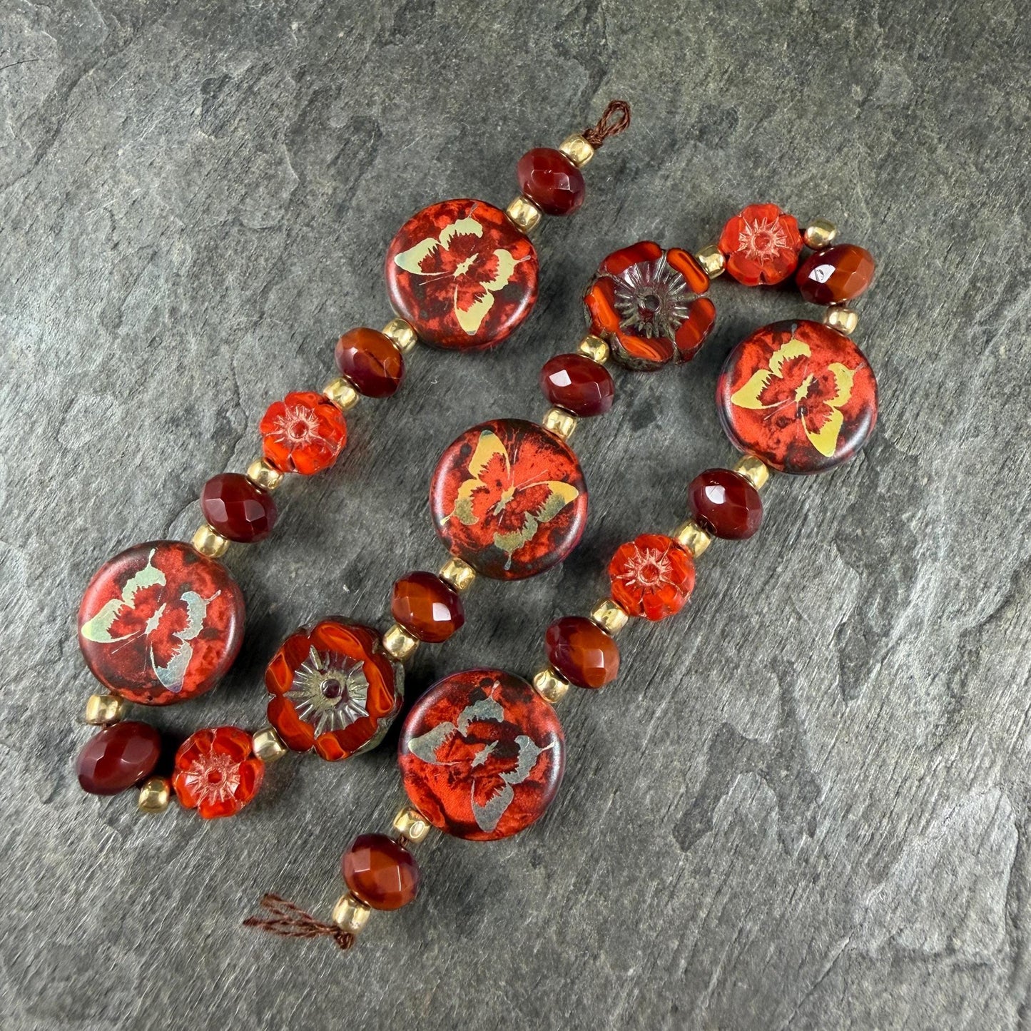 Orange, Gold and Dark Red Czech Glass Butterfly Beads - (DZ-526.11) * 9" Strand