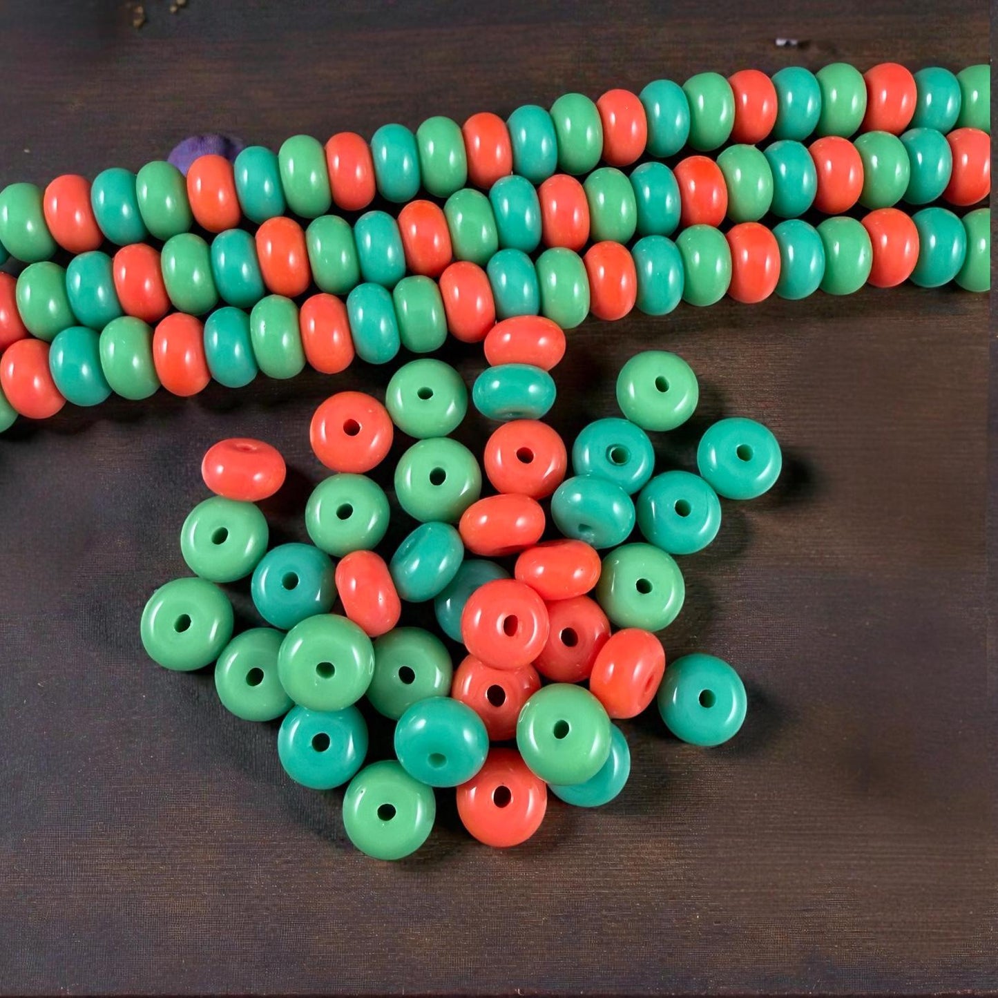 Glass Beads - 8x5mm Rondelles, Turquoise and Orange - 36 Beads