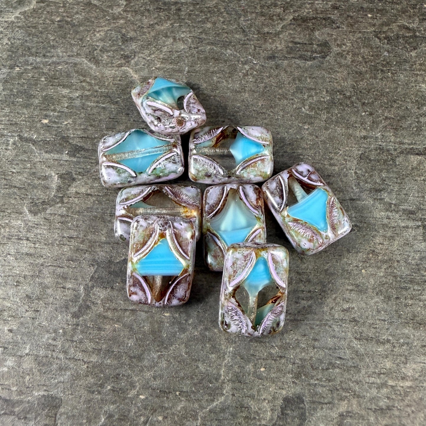 Czech Beads - 12x8mm Table-Cut Rectangle, Transparent and Sky Blue with Picasso (TCDR5) * 8 Beads