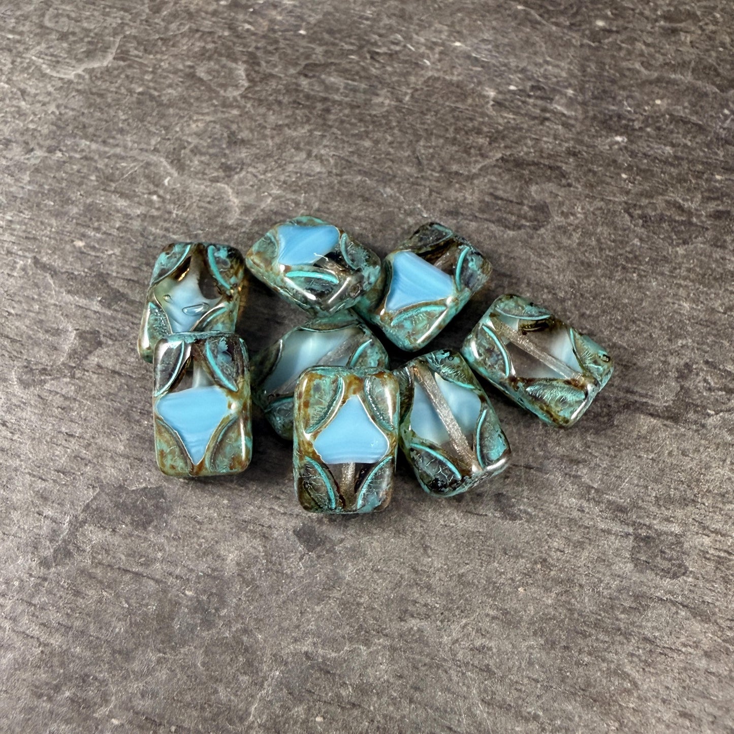 Czech Beads - 12x8mm Table-Cut Rectangle, Clear and Sky Blue with Travertine Picasso (TCDR2) * 8 Beads