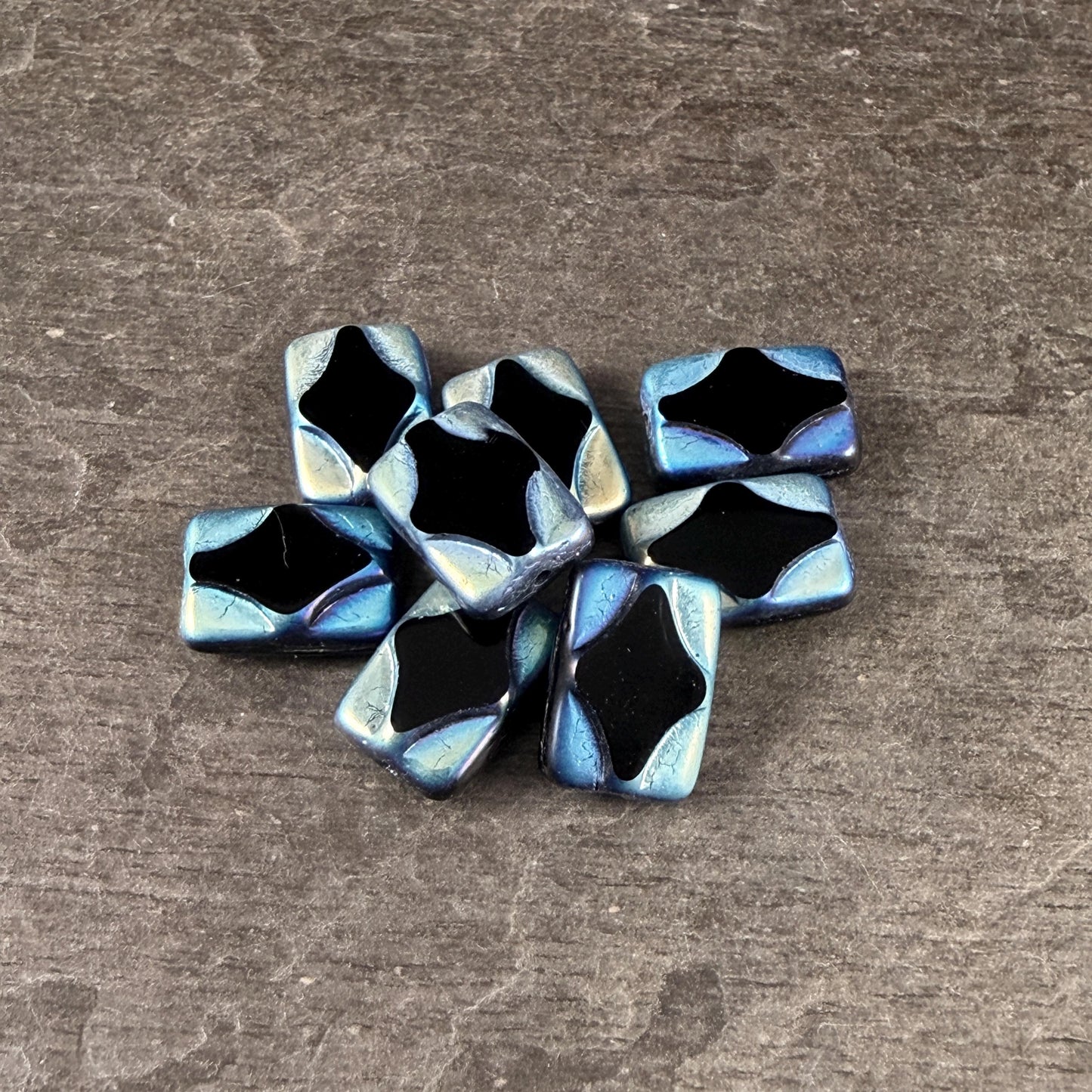 Czech Beads - 12x8mm Table-Cut Rectangle, Black with Full AB Picasso Finish (TCDR4) * 8 Beads