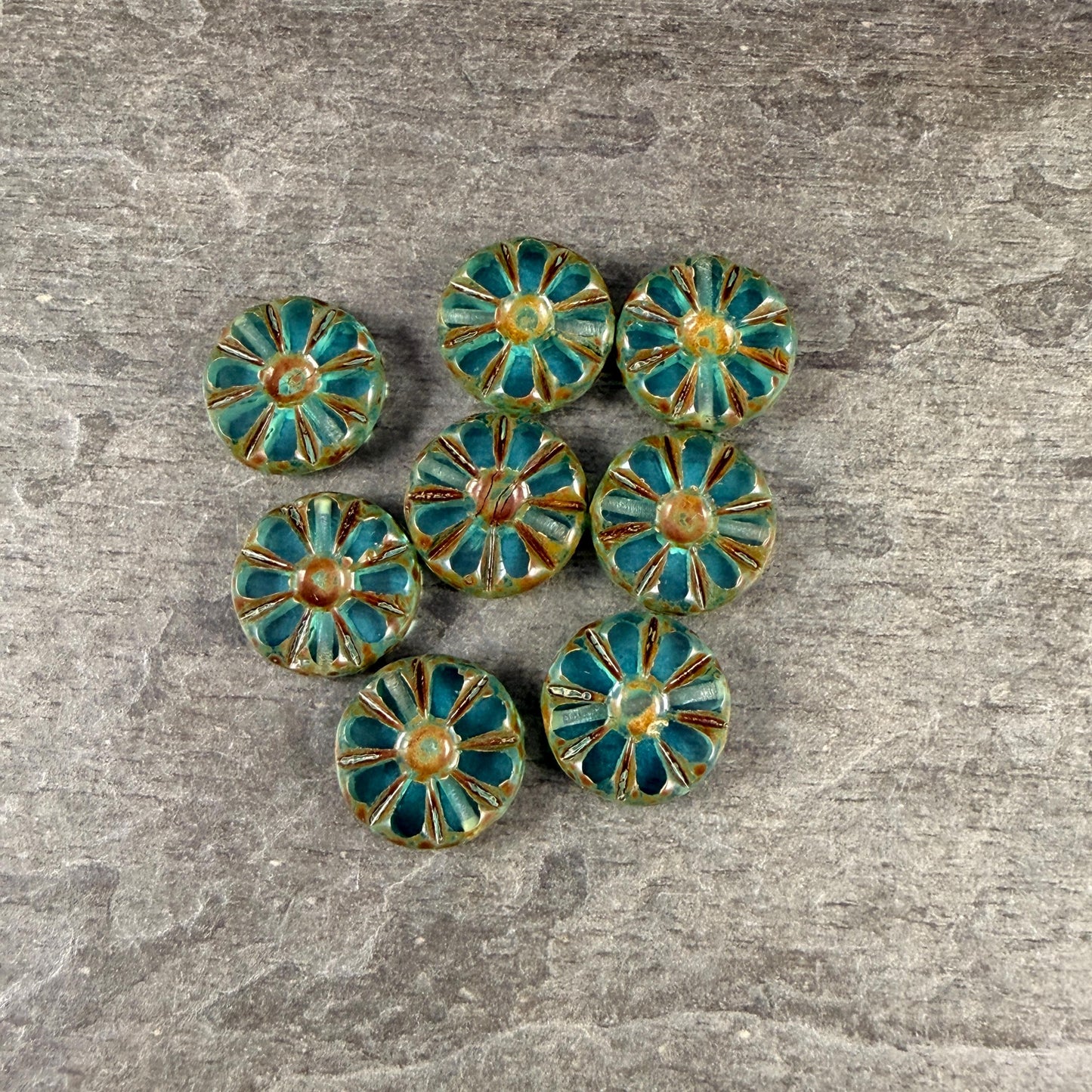 Czech Glass Beads, 12.5mm Table-Cut Coin, Dark Aqua with Travertine Picasso (TCF-66) * Qty. 8
