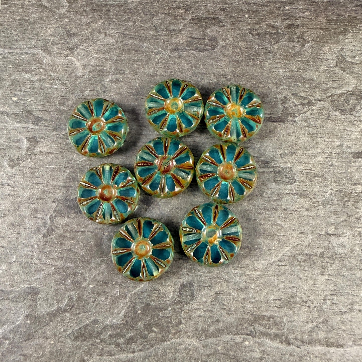 Czech Glass Beads, 12.5mm Table-Cut Coin, Dark Aqua with Travertine Picasso (TCF-66) * Qty. 8
