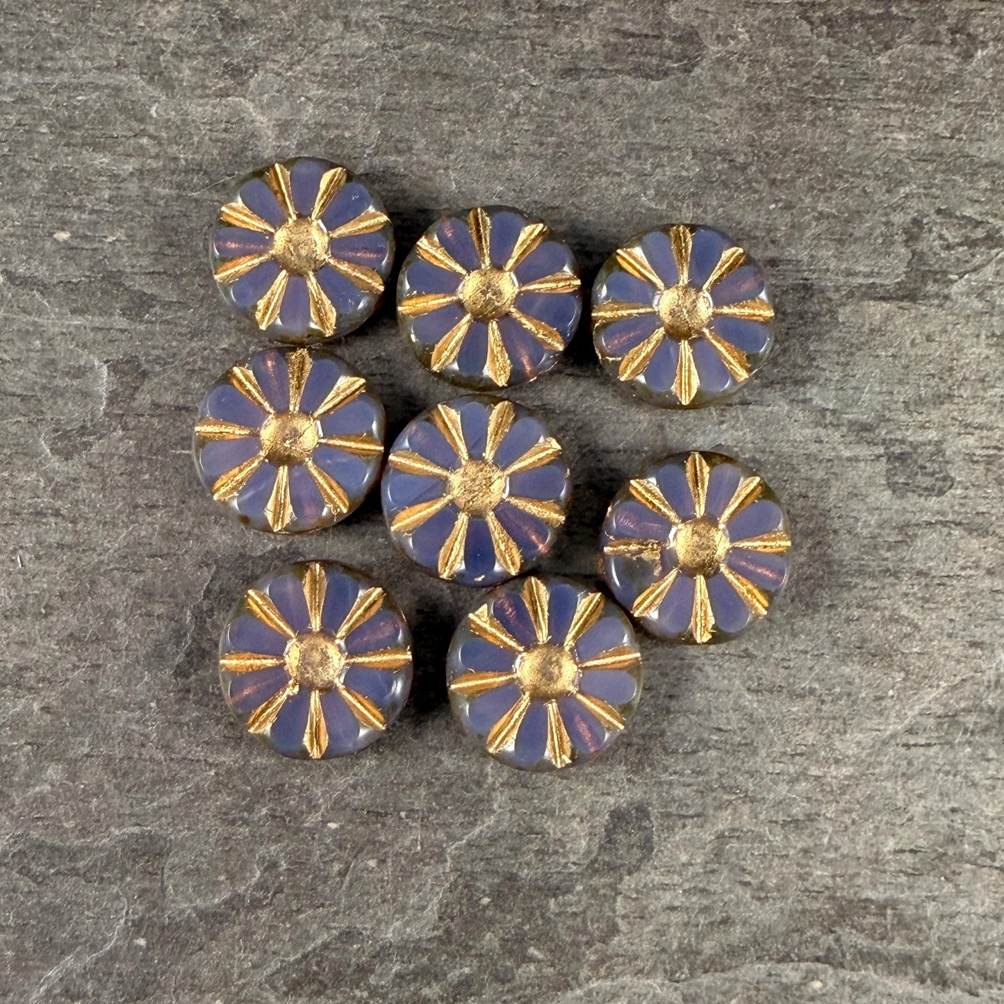Czech Glass Beads, 12.5mm Table-Cut Coin, Milky Lavender with Gold Wash (TCF-67) * Qty. 8