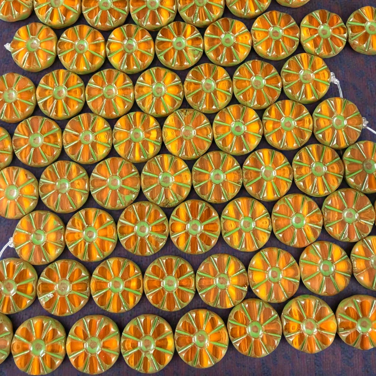 Czech Glass Beads, 12.5mm Table-Cut Coin, Orange Opaline with Moss Green Wash (TCF-70) * Qty. 8