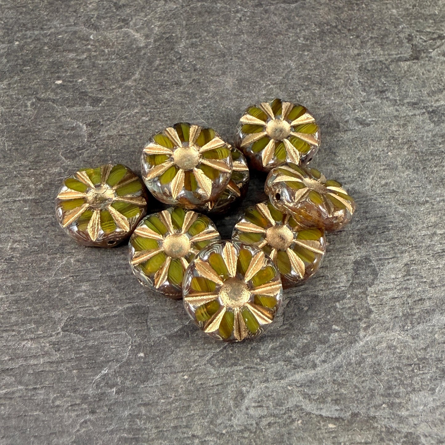Czech Glass Beads, 12.5mm Table-Cut Coin, Yellow Opaline with Gold Wash and Travertine Picasso (TCF-73) * Qty. 8
