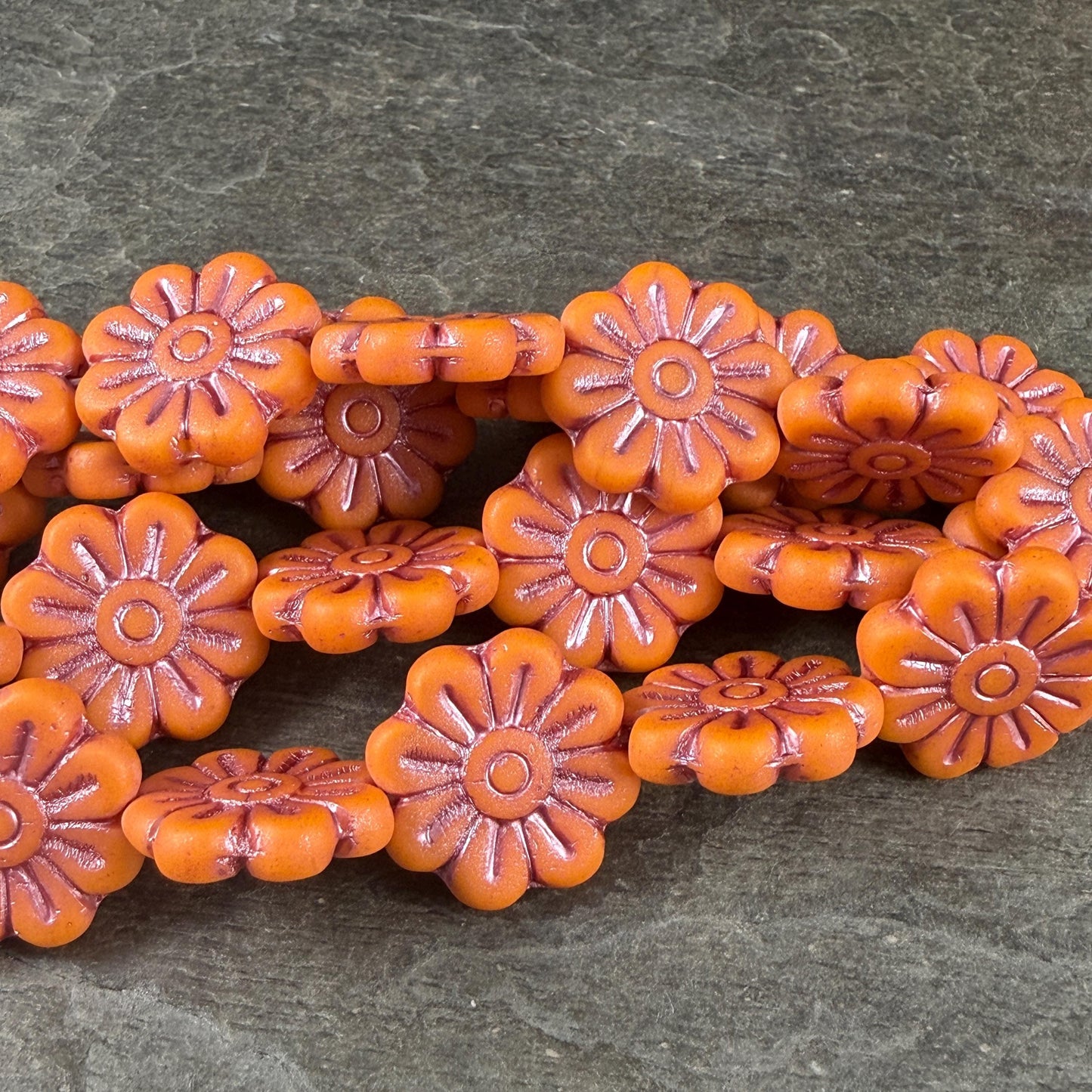 Czech Glass Beads - 17mm Daisy Flower, Matte Orange with Metallic Pink Wash (PLD-23) * 6 Beads