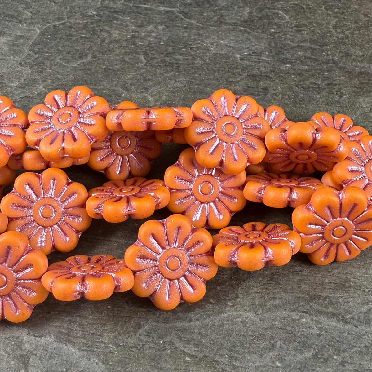Czech Glass Beads - 17mm Daisy Flower, Matte Orange with Metallic Pink Wash (PLD-23) * 6 Beads