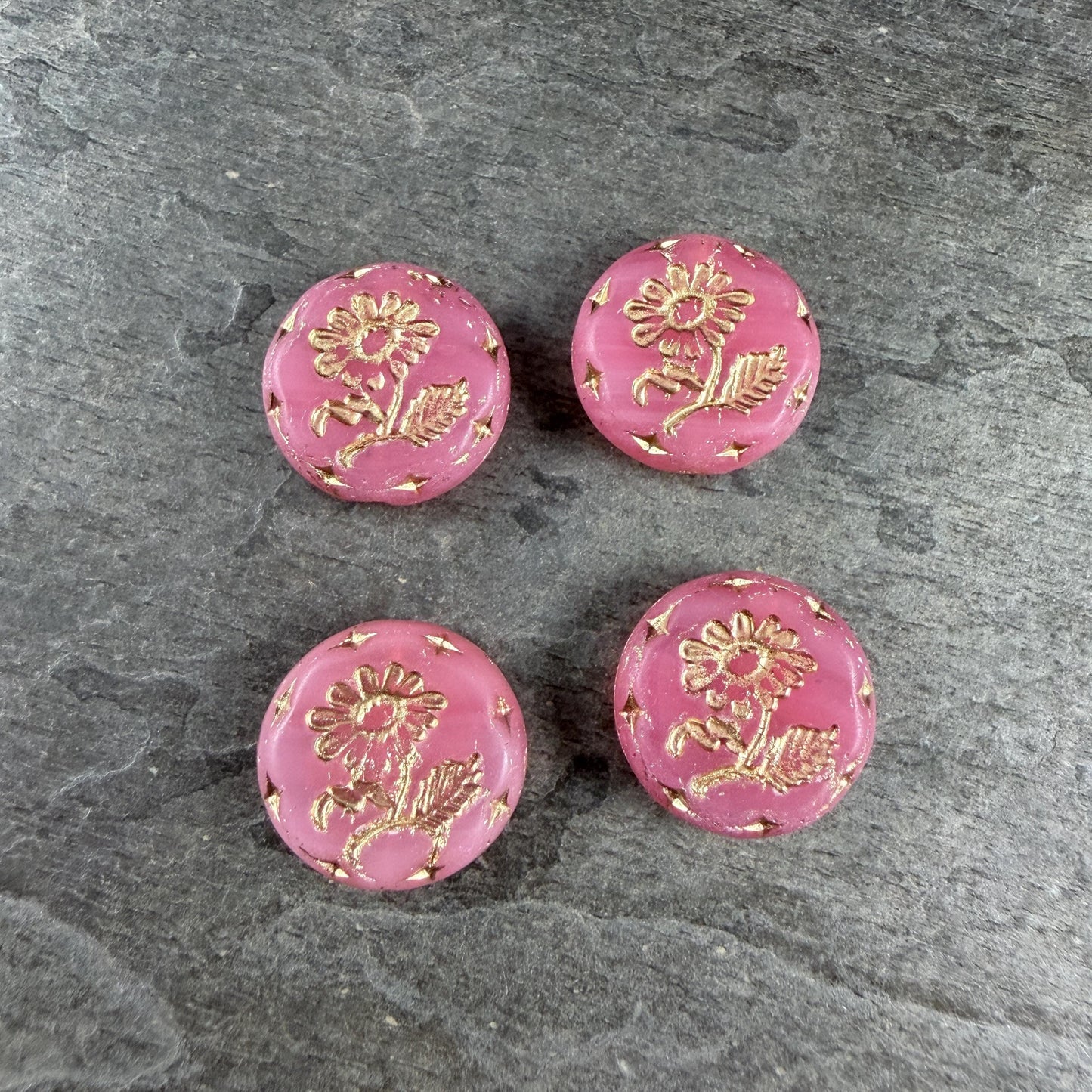 Czech Beads, 18mm Marguerite Daisy, Carnation Pink (PinkOpaline/Gold) * 4 Beads