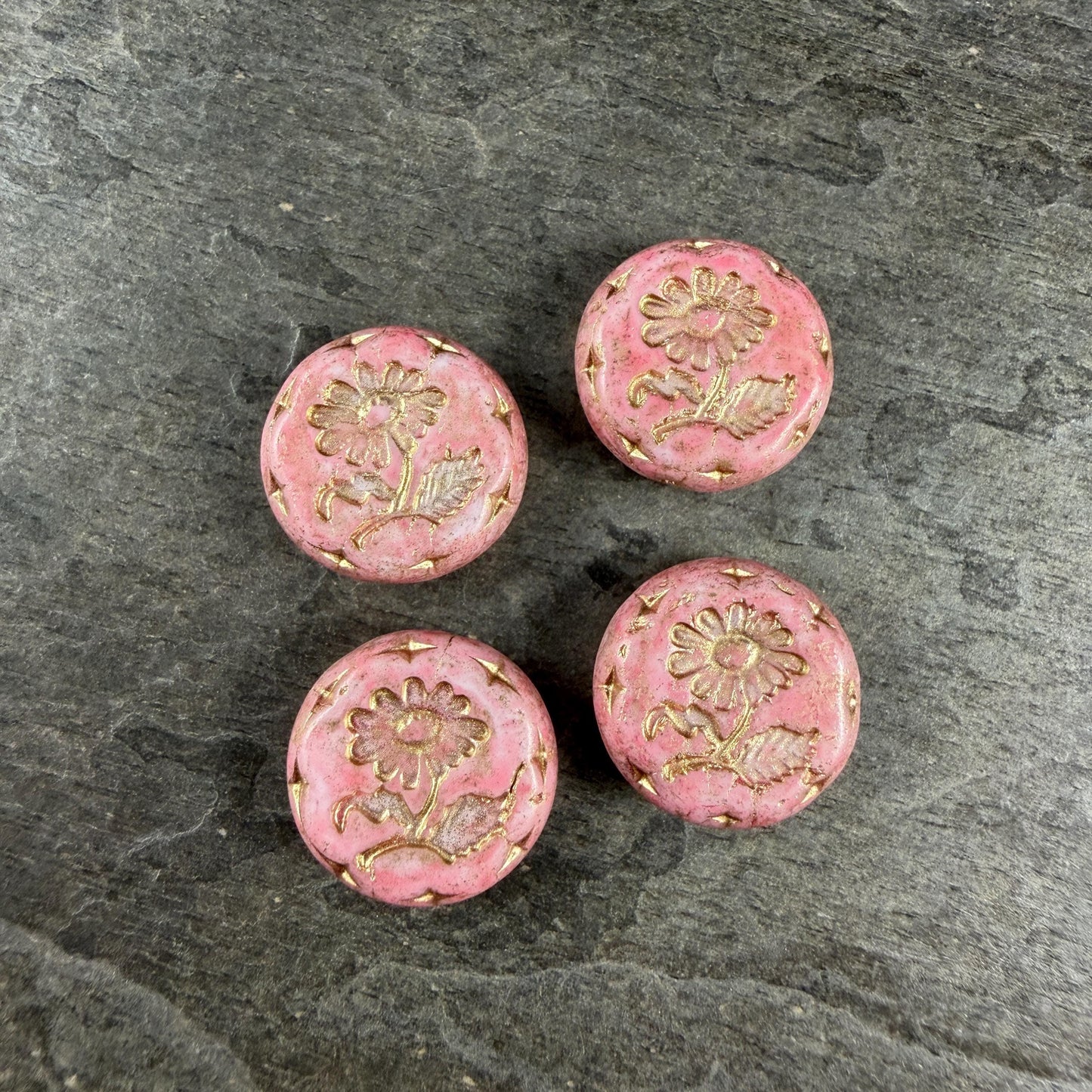 Czech Beads, 18mm Marguerite Daisy, Pink Alabaster (Pink/Gold) * 4 Beads