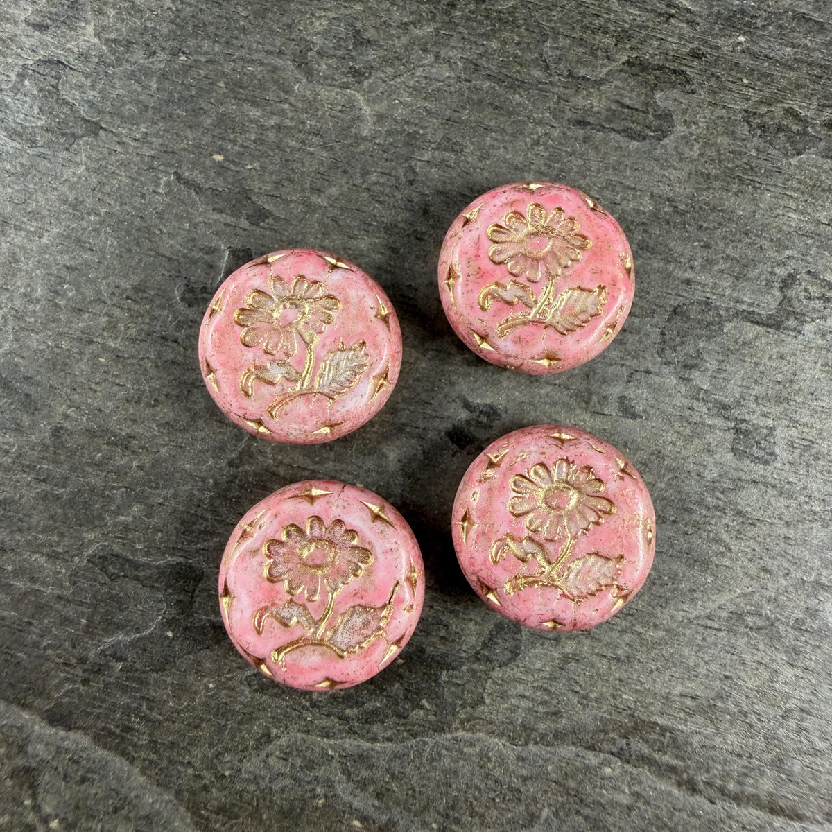 Czech Beads, 18mm Marguerite Daisy, Pink Alabaster (Pink/Gold) * 4 Beads