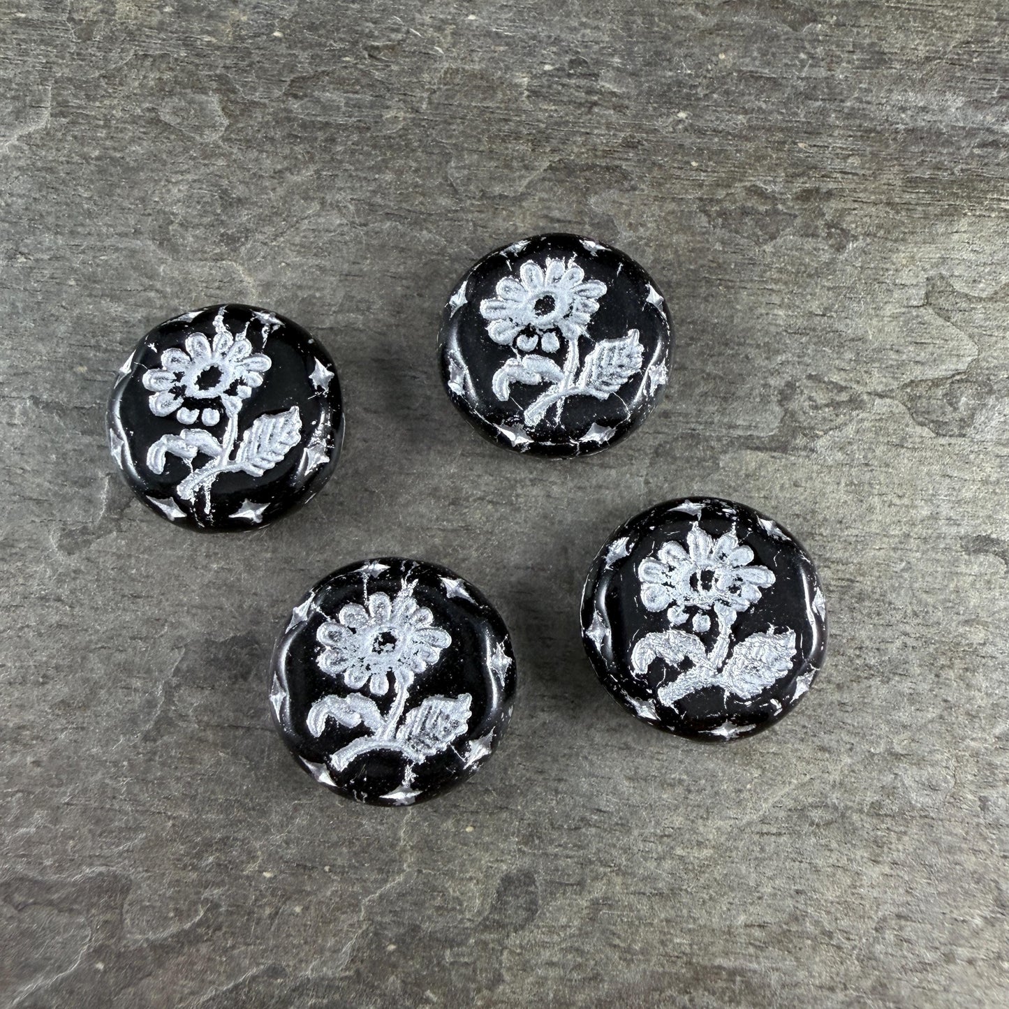 Czech Beads, 18mm Marguerite Daisy, Black and Silver (Black/Silver) * 4 Beads