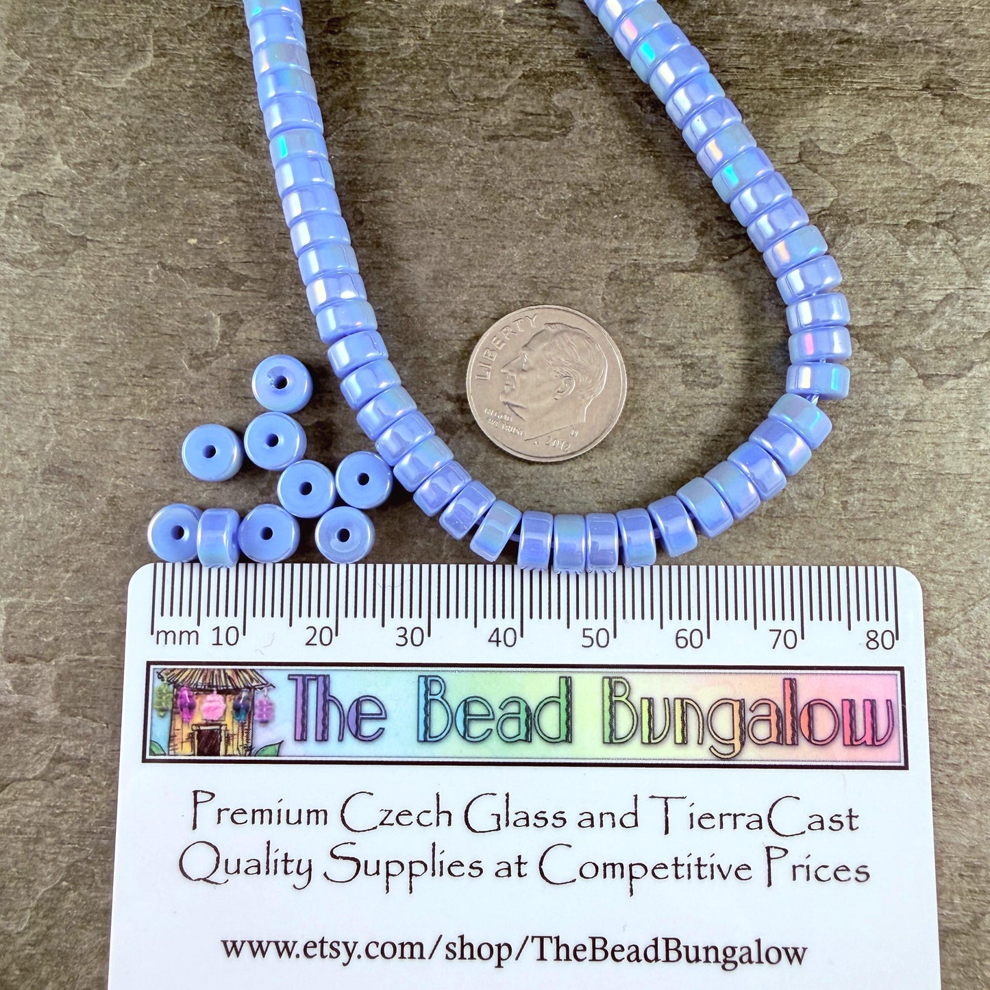 Glass Beads, 3x6mm Smooth Heishi Rondelles, Sky Blue with Golden AB Luster * 50 Beads