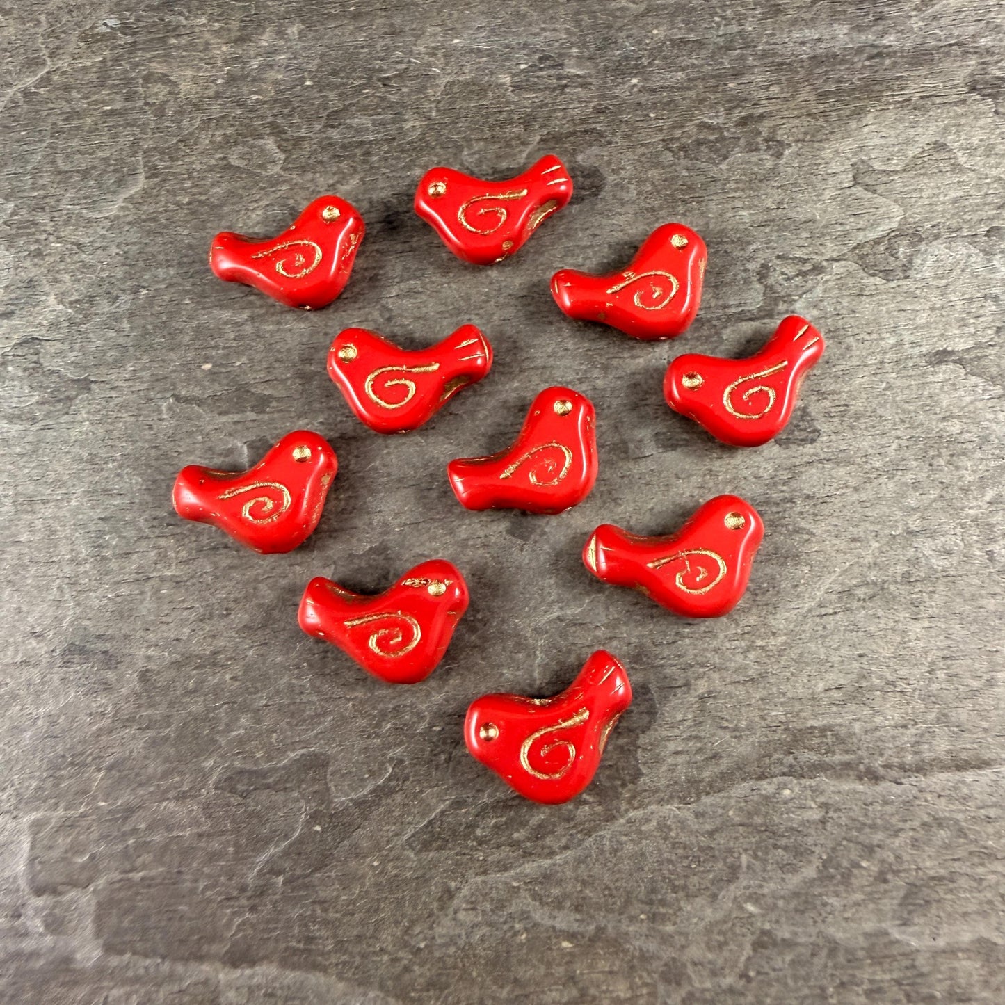 Czech Beads - Glass Bird Bead, 12x16mm, Red and Gold (93500/54202) * 10 Beads