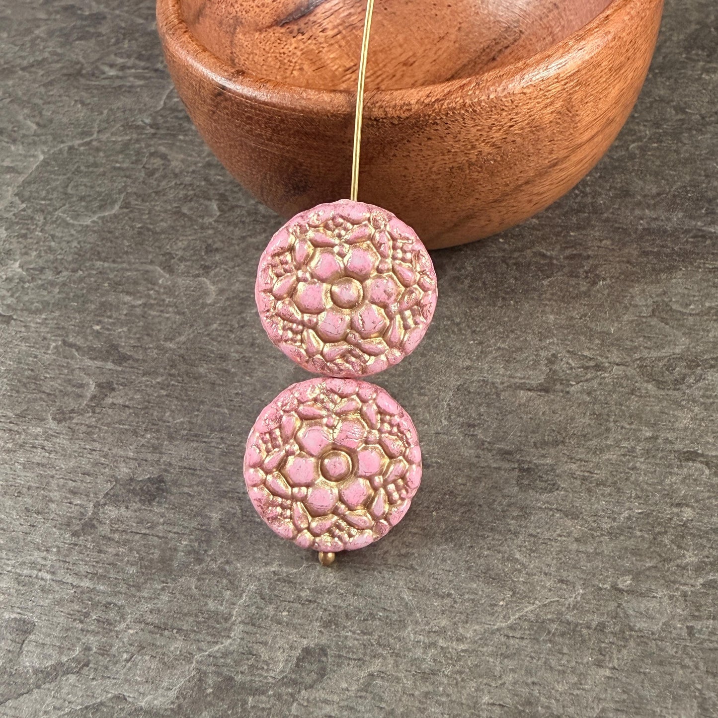 Czech Glass Beads - 18mm Floral Theme Coin, Dusty Pink with Gold Wash (POSY2) * Qty. 4