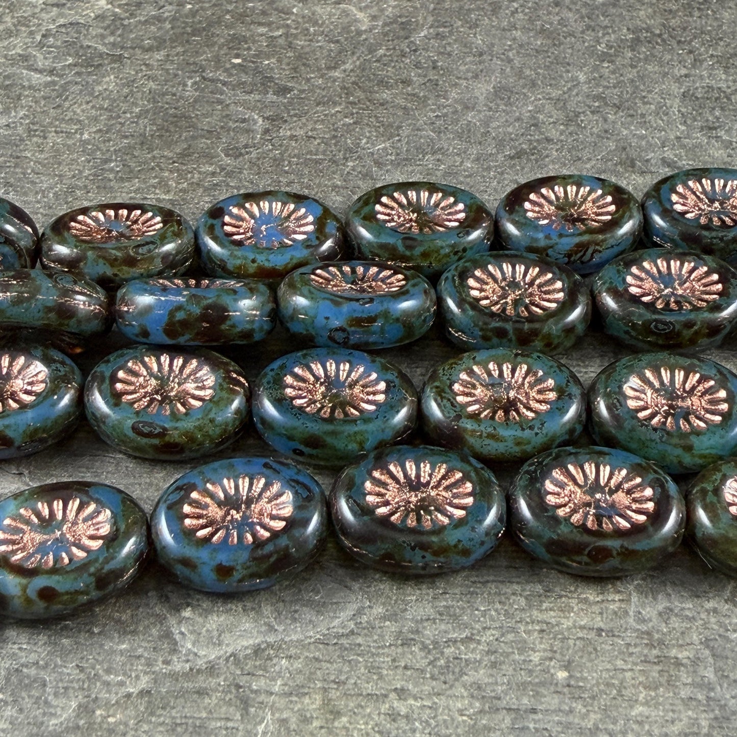 Czech Glass Beads - 14x10mm Oval Kiwi, Slate Blue Picasso with Copper Wash (POKW1) * Qty. 8