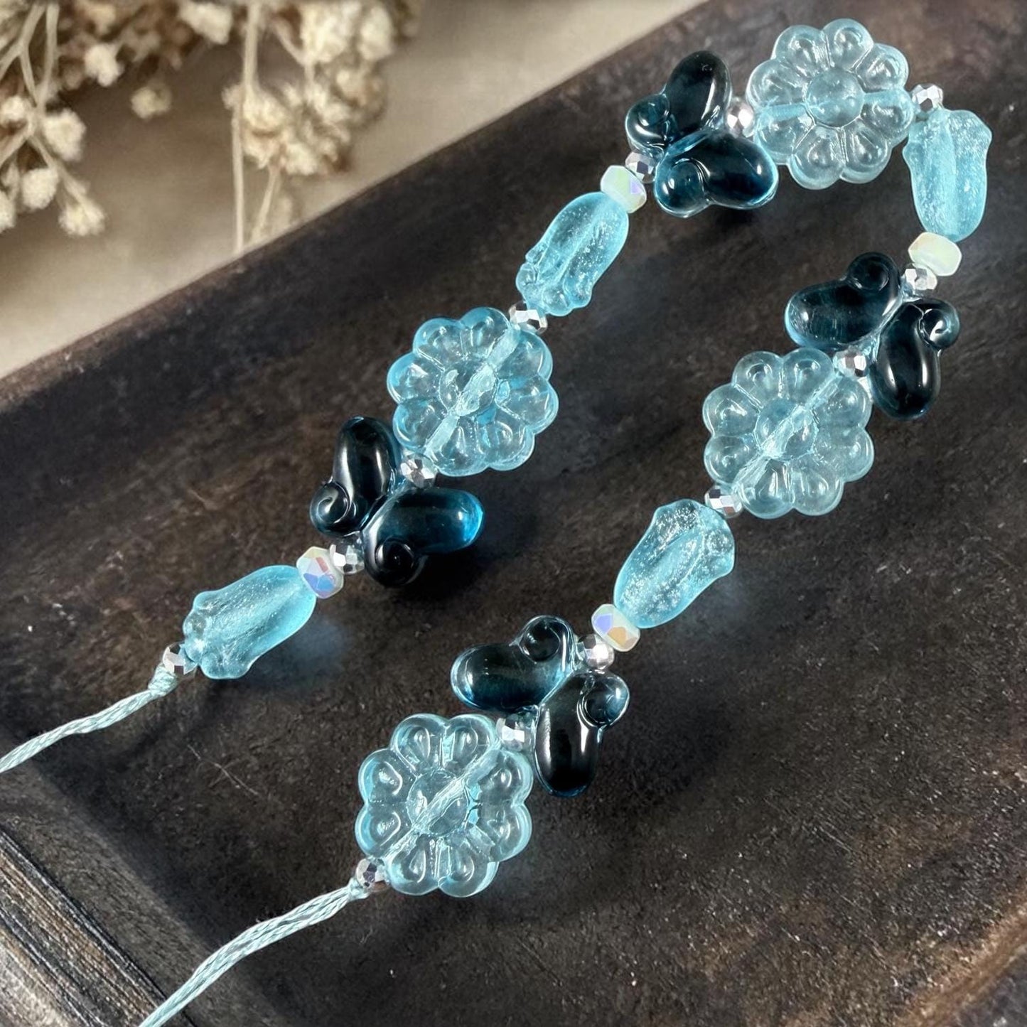 Exclusive Bead Bungalow Mix - Blue Butterflies and Flowers, Nature Theme Glass Beads (612.03) - 6.5" Strand