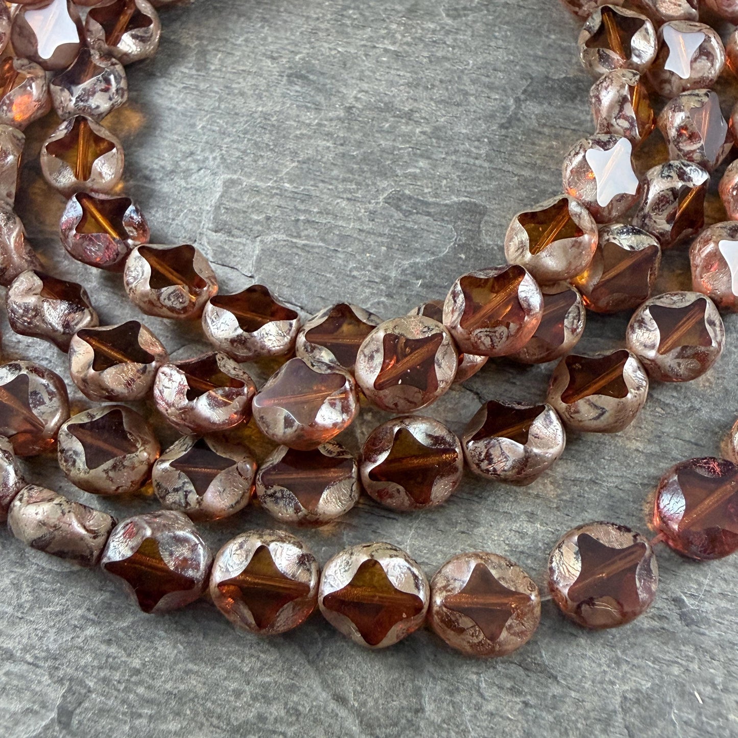 Czech Glass - 9x8mm Table-Cut Star, Light Topaz Picasso Beads (10060) * 12 Beads