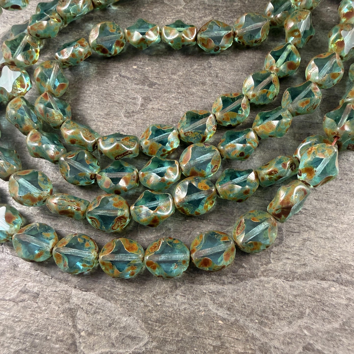 Czech Glass - 9x8mm Table-Cut Star, Transparent Aqua Picasso Beads (60010) * 12 Beads