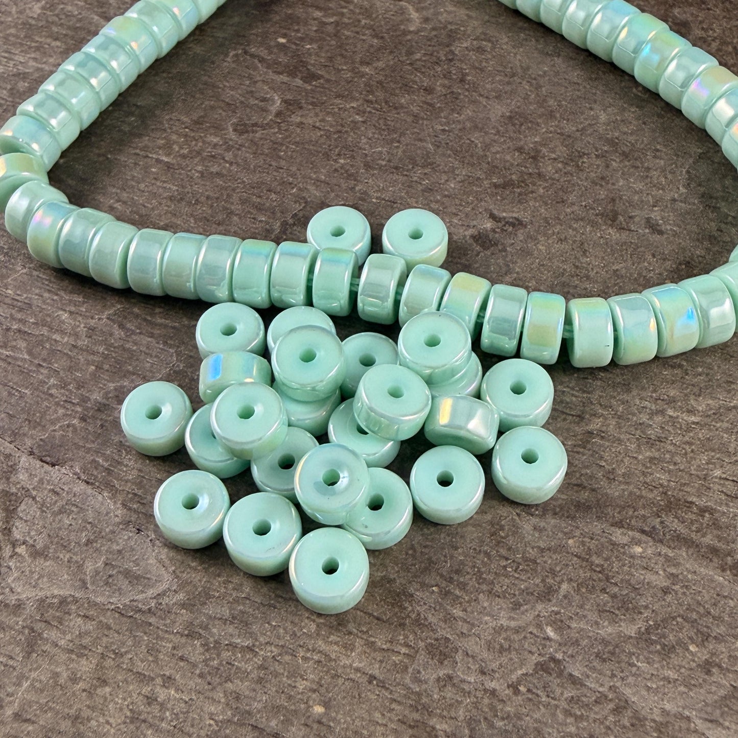 Glass Beads, 3x6mm Smooth Heishi Rondelles, Light Pastel Green with Golden AB Luster * 50 Beads