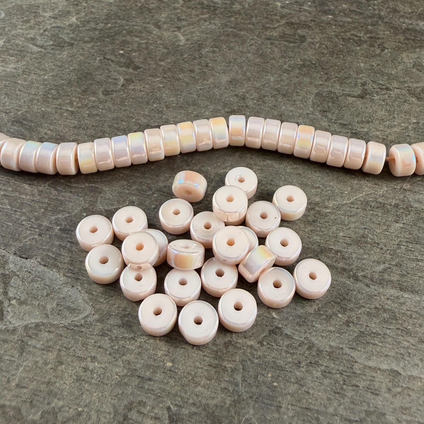 Glass Beads, 3x6mm Smooth Heishi Rondelles, Ivory Beige with Golden AB Luster * 50 Beads