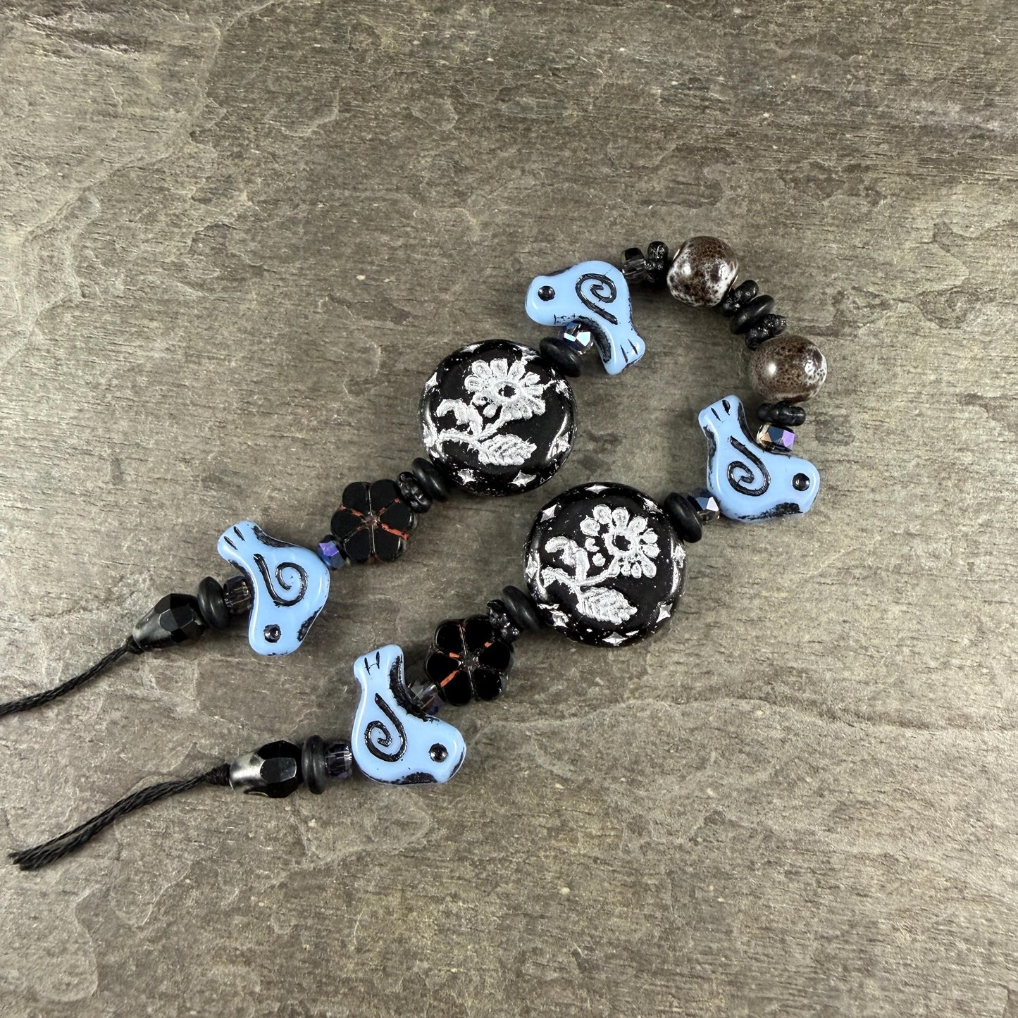 Czech Beads - Small Glass Bird with Coordinating Flowers Bead (Blue/Black-BirdMix)