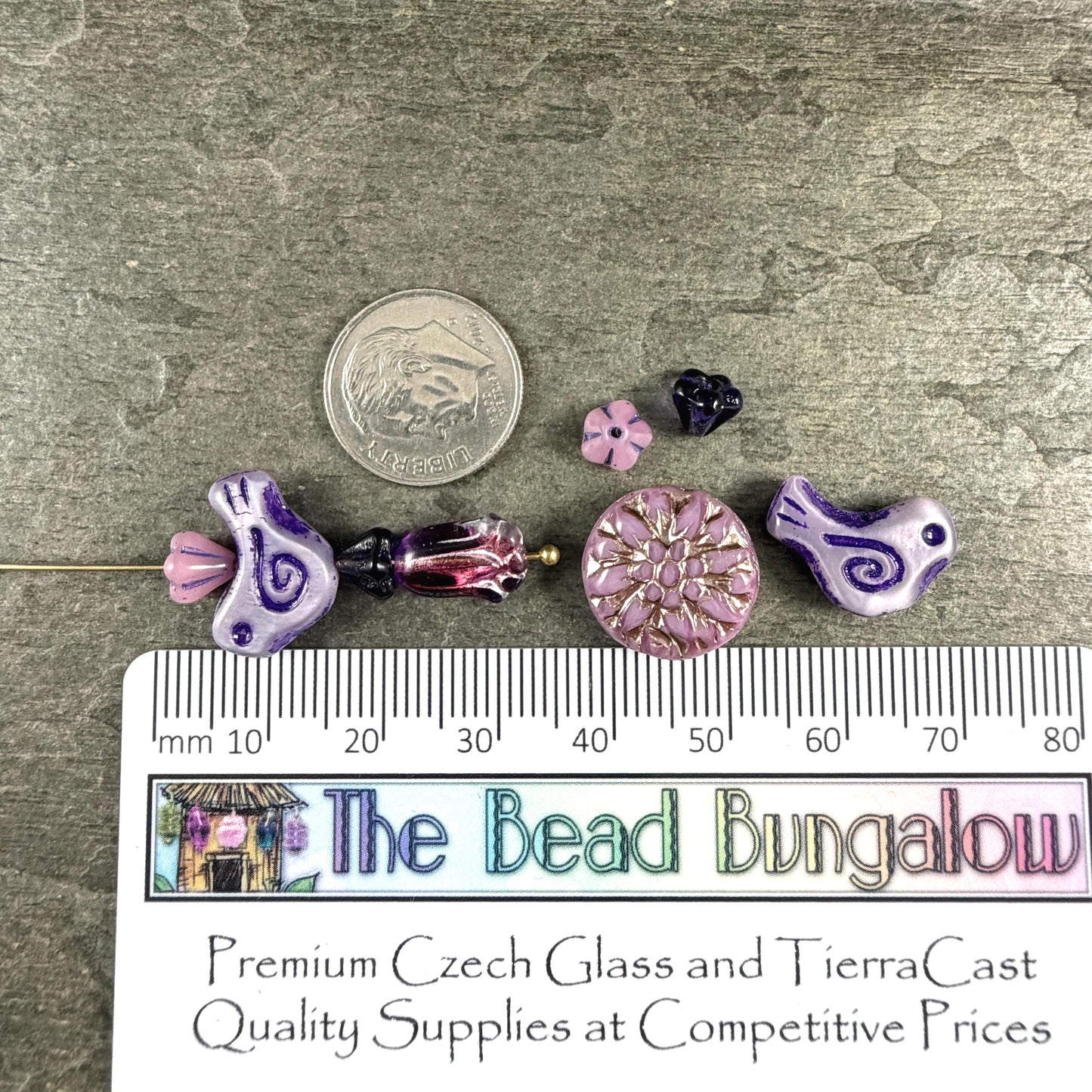 Czech Beads - Small Glass Bird with Coordinating Flowers Bead (PurplePassion-BirdMix)