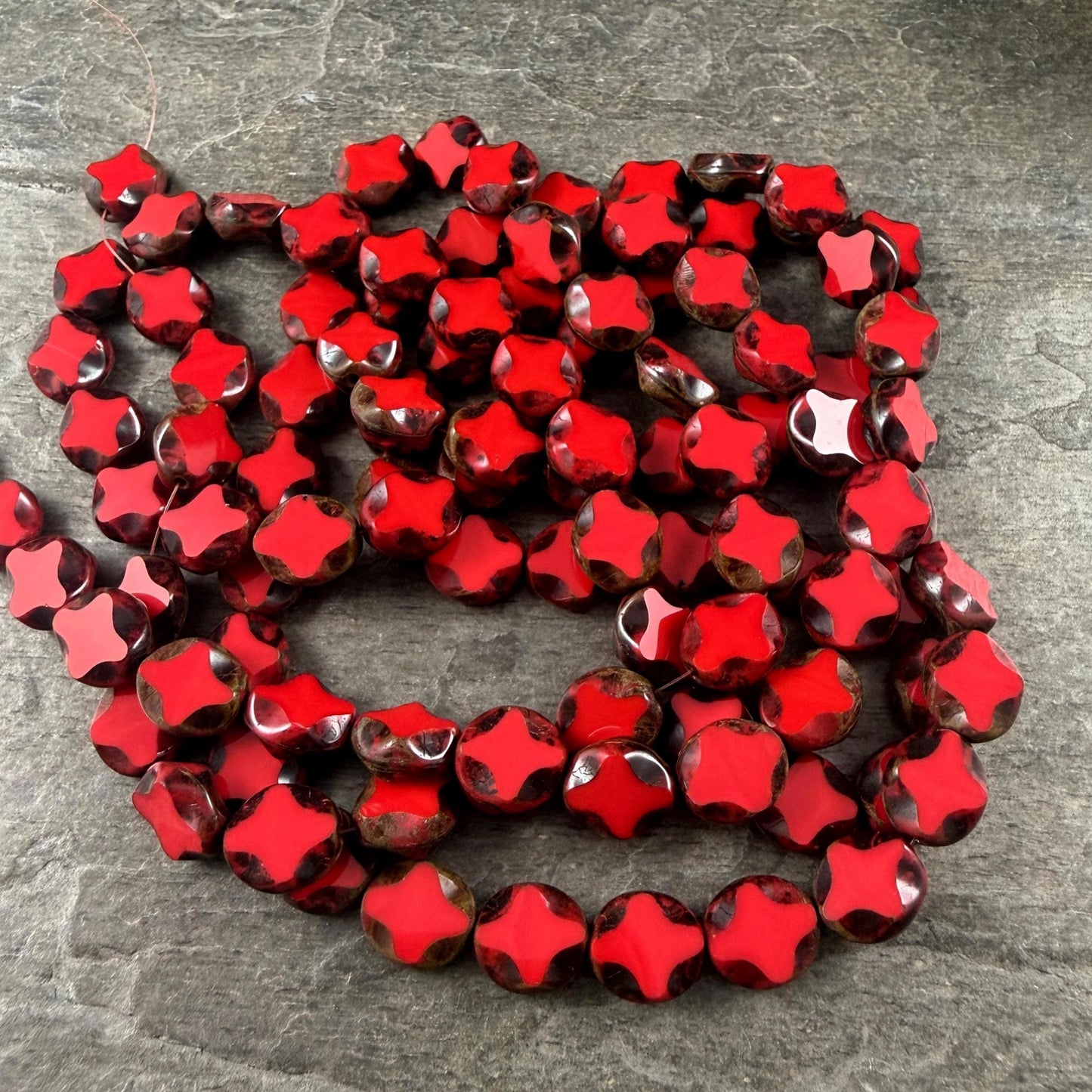 Czech Glass - 9x8mm Table-Cut Star, Opaque Red Picasso Beads (93200) * 12 Beads