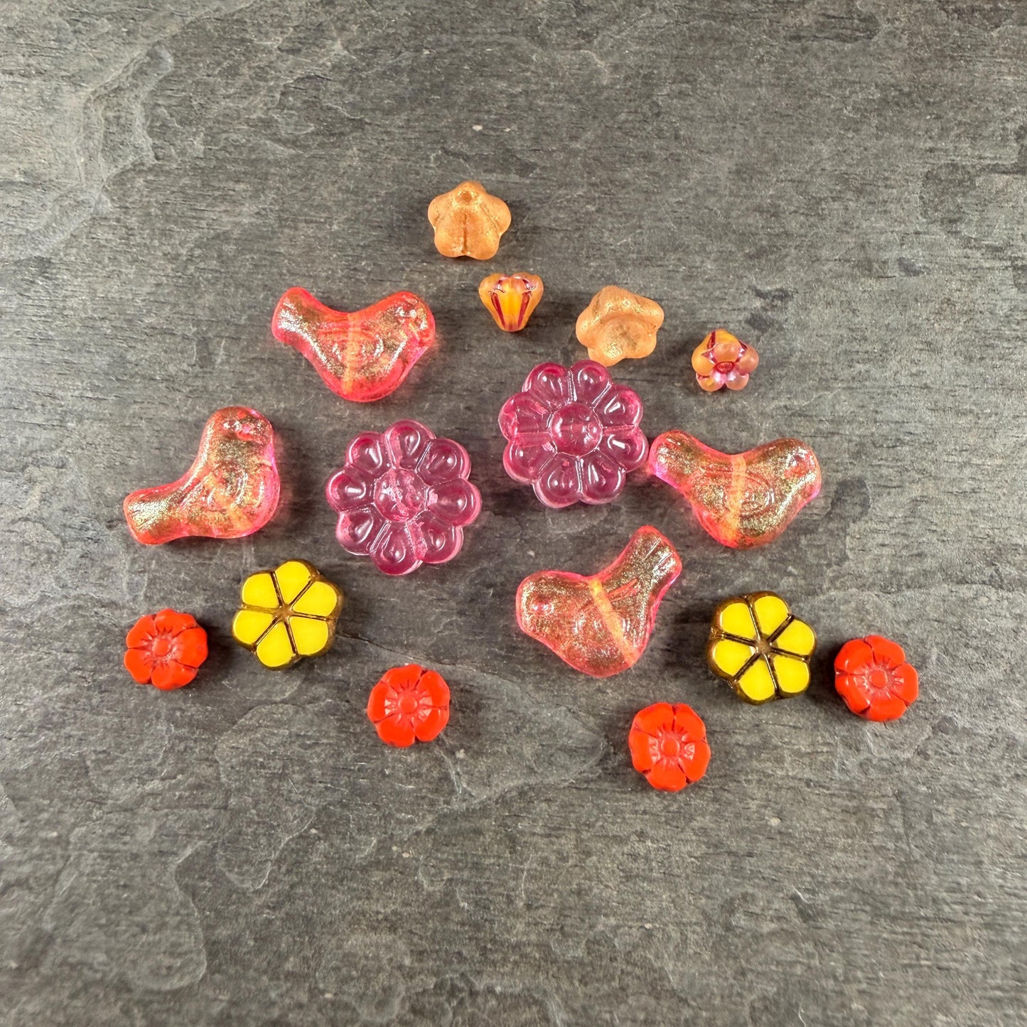 Czech Beads - Small Glass Bird with Coordinating Flowers Bead (Pink/Yellow/Orange-BirdMix)