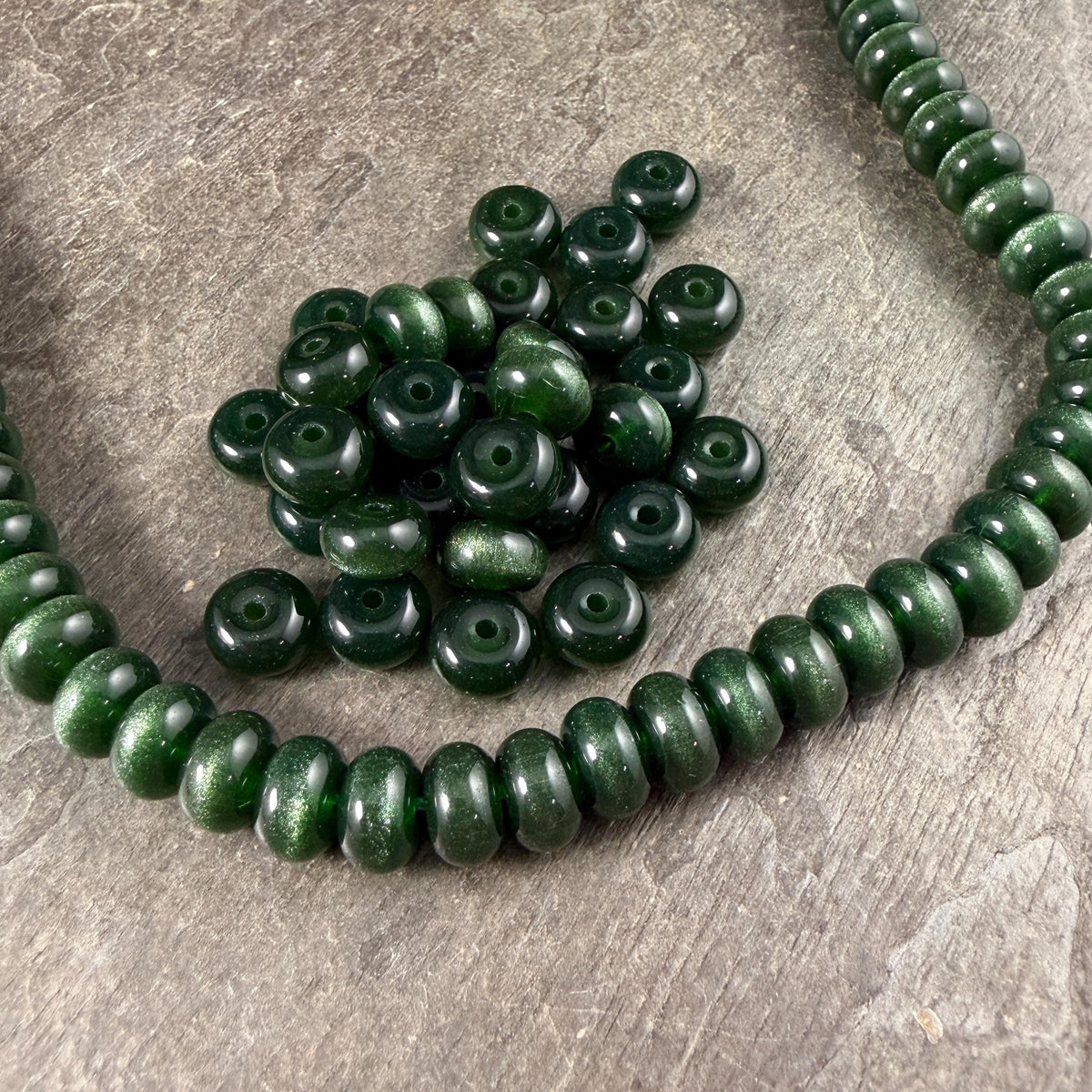 Glass Beads - 8x5mm Rondelles, Dark Forest Green Cat's Eye * 7" Strand