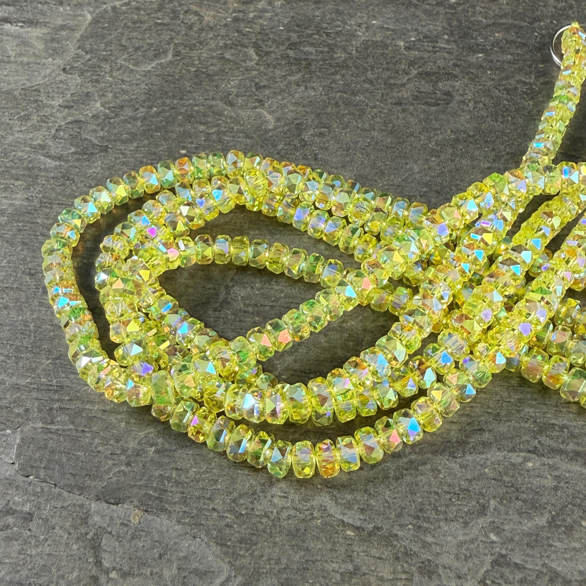 Faceted Glass Beads - 4x2.5mm Heishi Rondelles, Bright Yellow with AB Finish (CT-C23AB) * 8" Strand