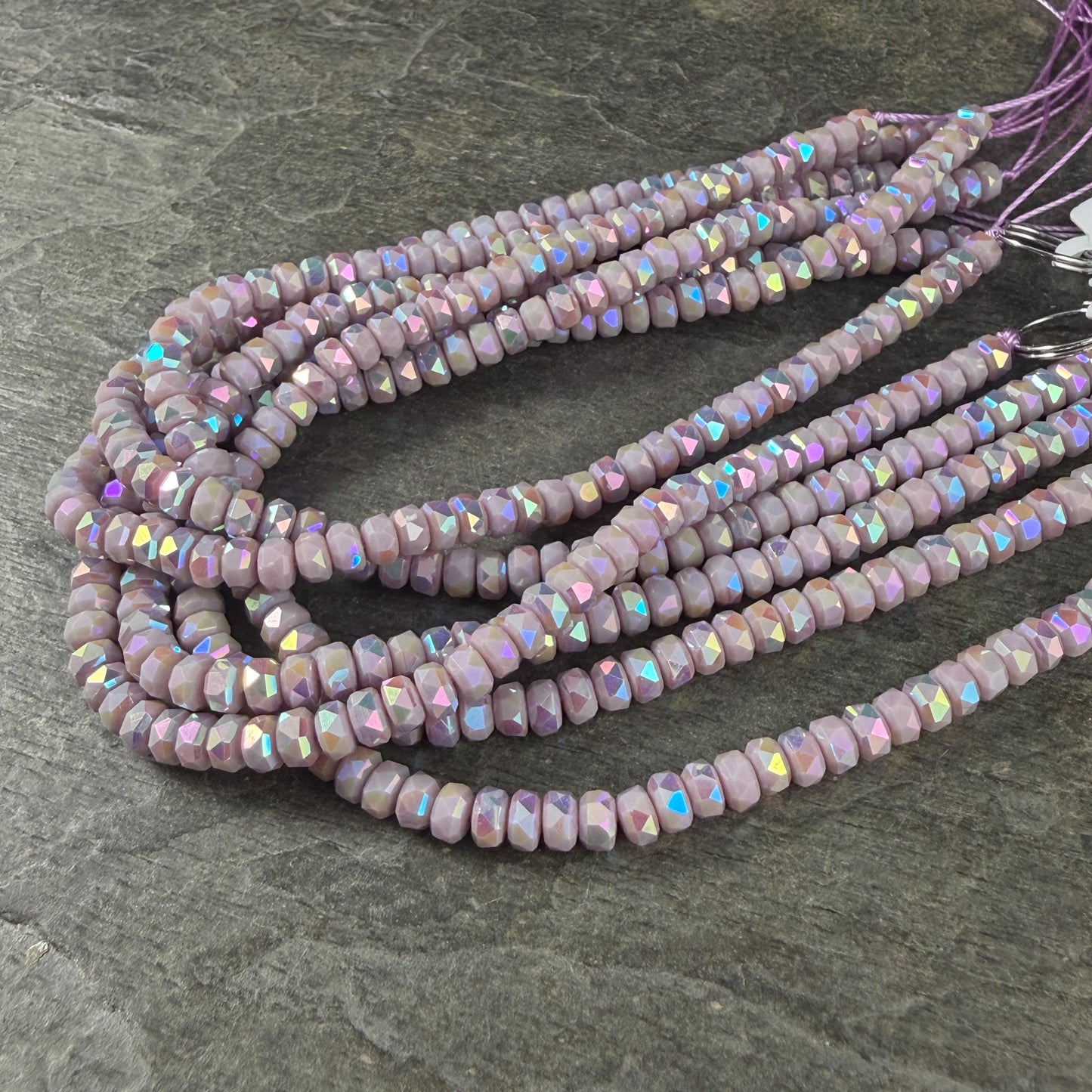 Faceted Glass Beads - 4x2.5mm Heishi Rondelles, Pale Lavender with Rainbow AB Finish (C532-AB) * 8" Strand