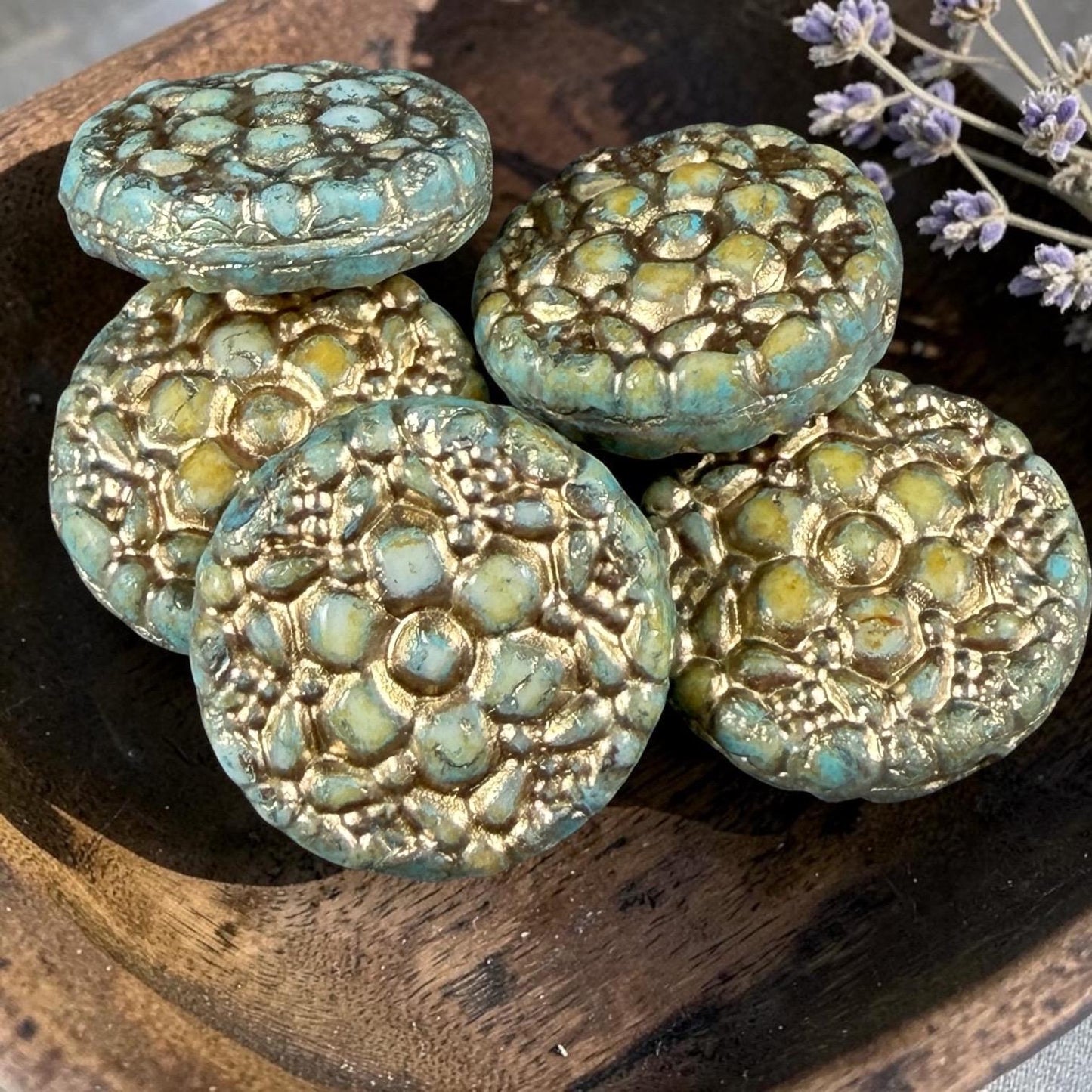 Czech Glass Beads - 18mm Floral Theme Coin, Seafoam Alabaster with Gold Wash (POSY11) * Qty. 4