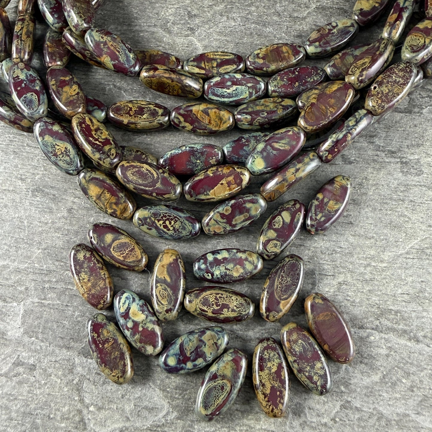 Czech Glass Beads - 13x6mm Marquise Spindle, Oxblood Red Picasso (30460) * 25 Beads