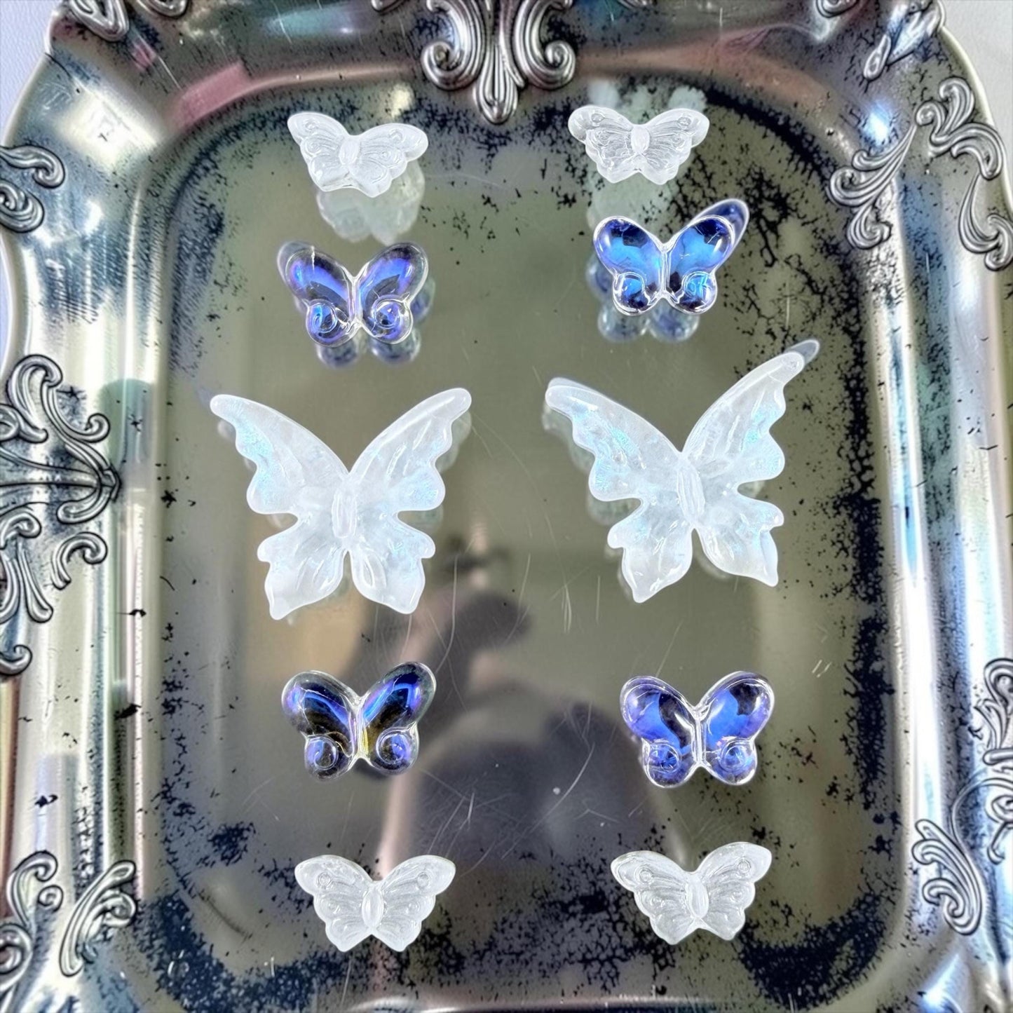 Glass Butterfly Beads - White and Crystal AB Glass * 10 Beads