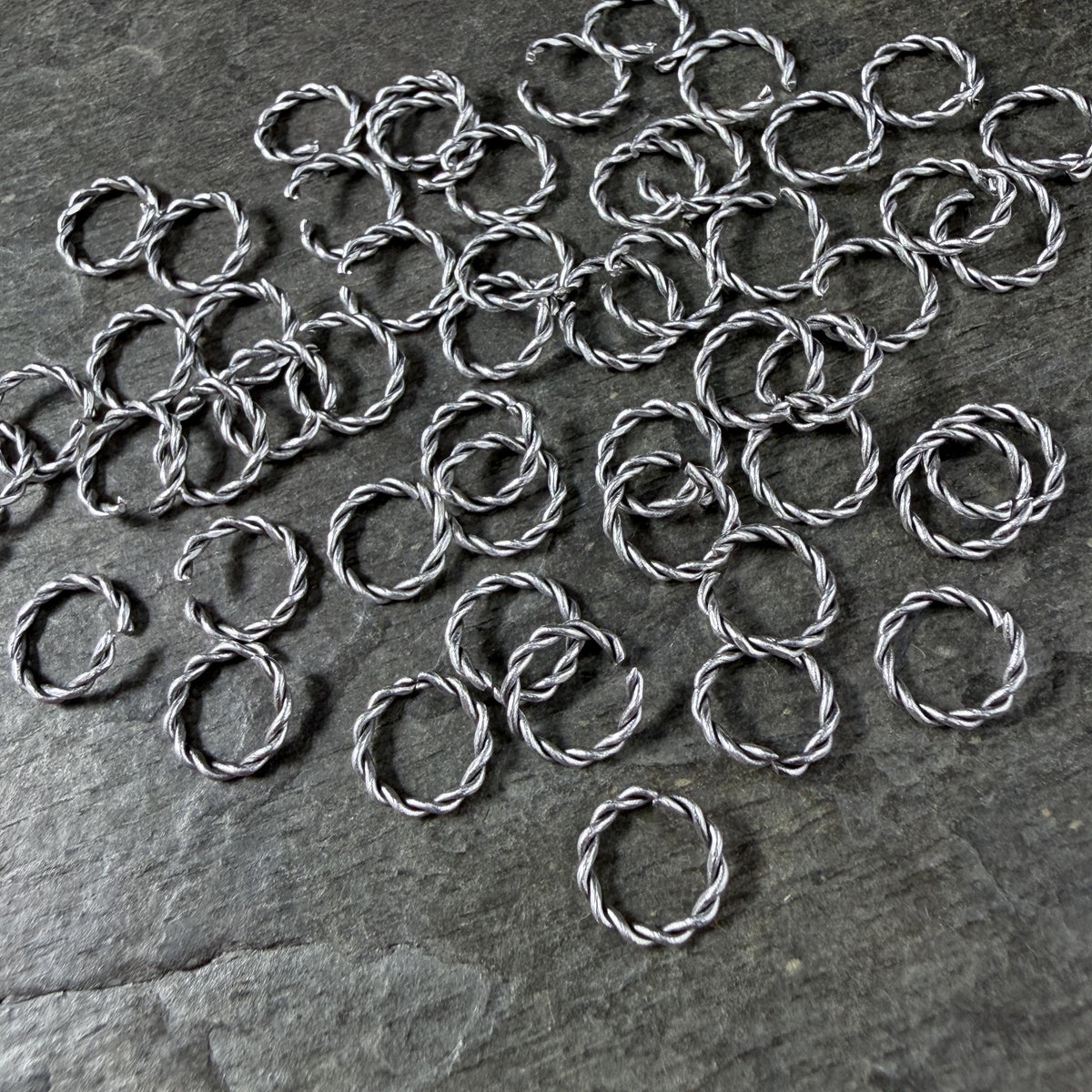 8mm Twisted Jump Rings, 1.2mm Open, Antiqued Silver Plated Brass (PF/300929-08) * Qty. 40