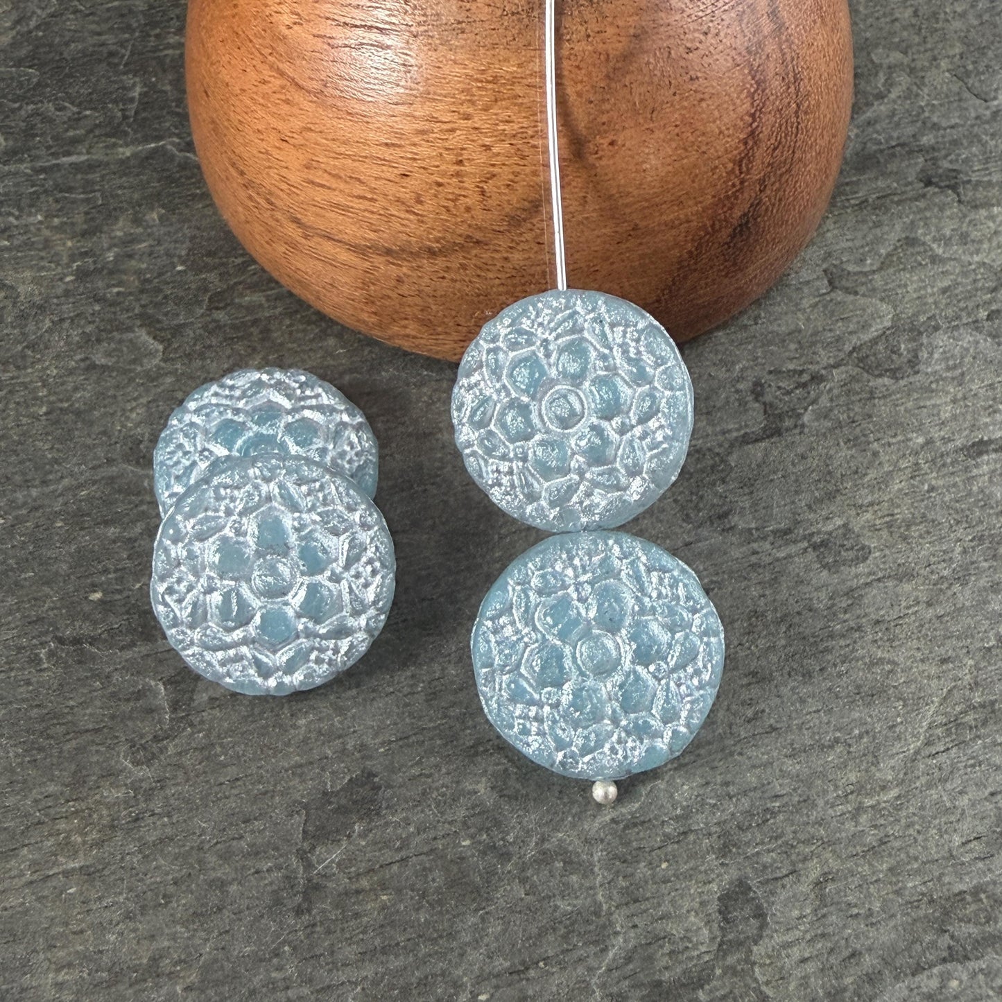 Czech Glass Beads - 18mm Floral Theme Coin,Light Sapphire Blue with Silver Wash (POSY12) * Qty. 4