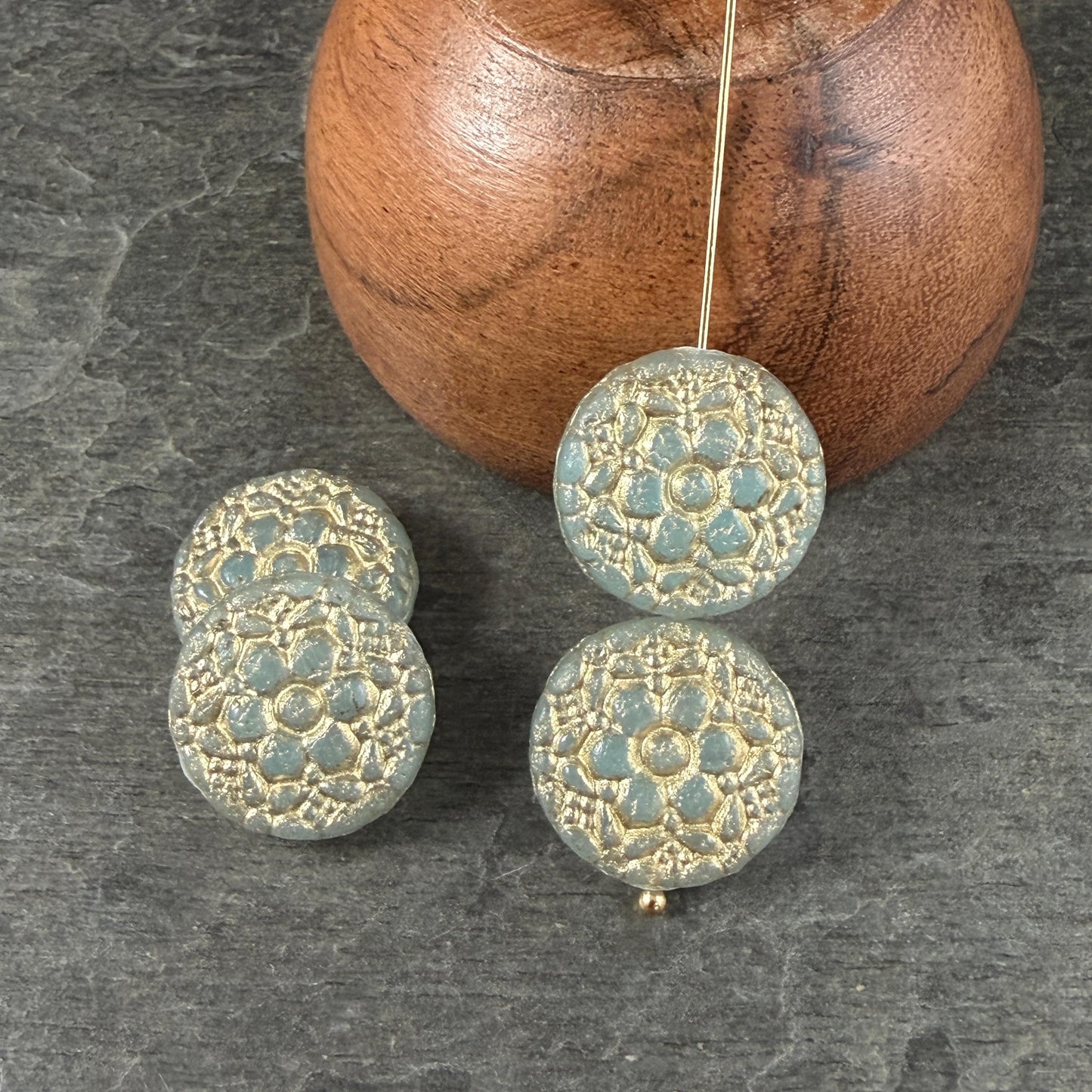 Czech Glass Beads - 18mm Floral Theme Coin, Pale Jade Green with Gold Wash (POSY10) * Qty. 4