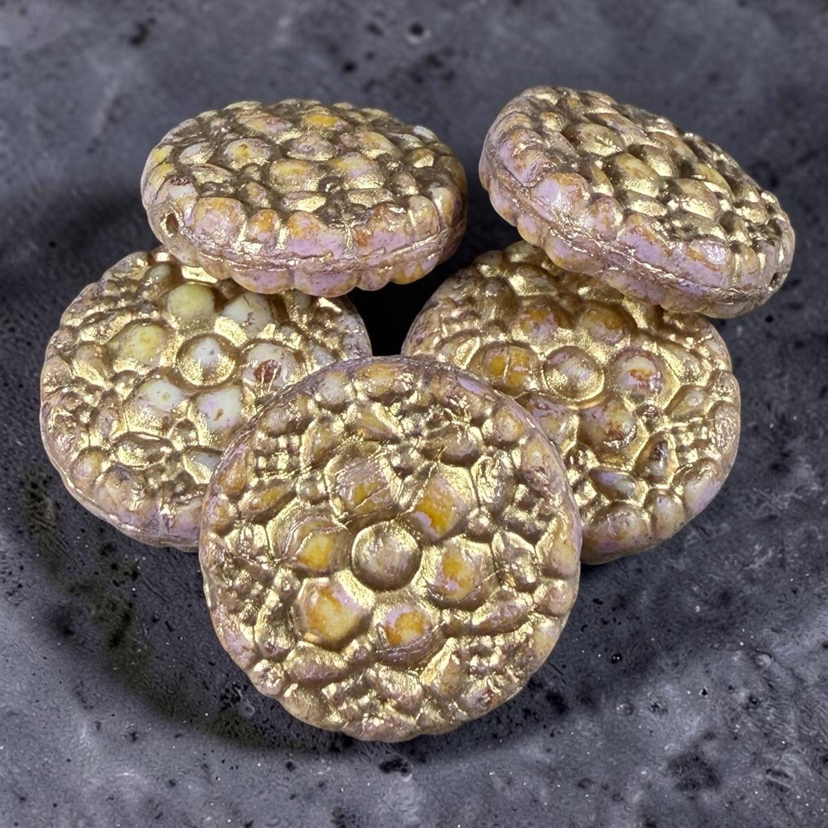 Czech Glass Beads - 18mm Floral Theme Coin, Opaque Mauve with Gold Wash (POSY7) * Qty. 4