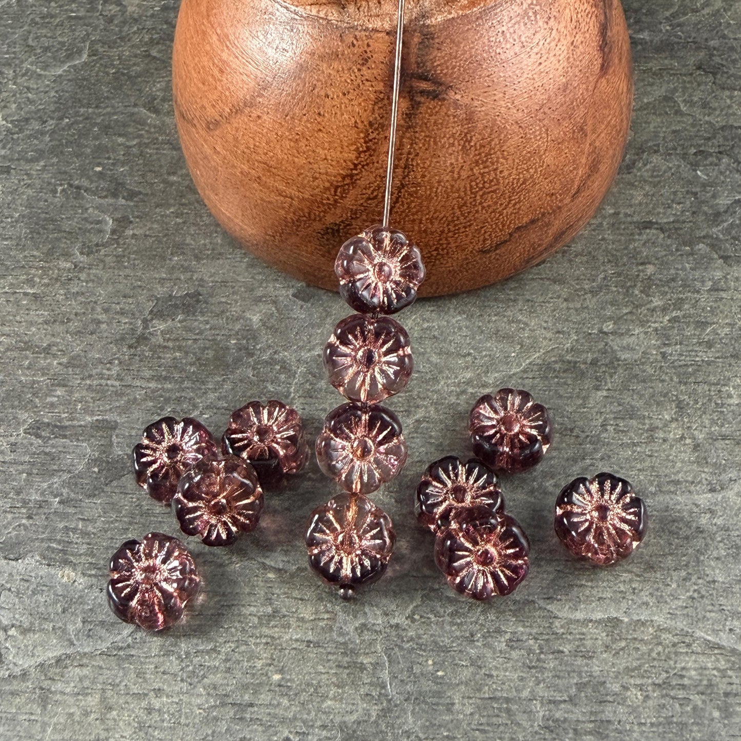 Czech Beads - 10mm Hibiscus, Dark Purple and Clear with Copper Wash (2002-54200) * 20 Beads
