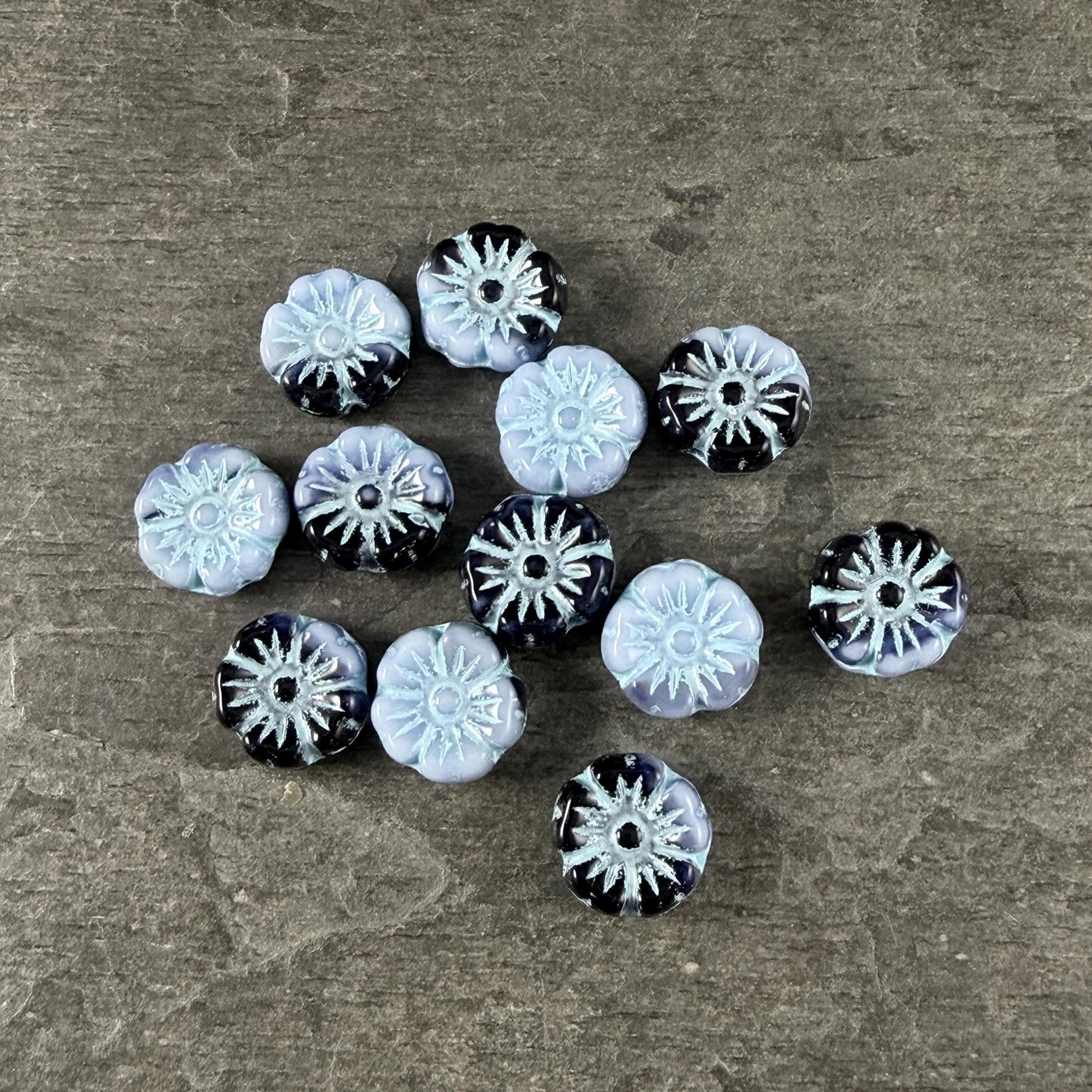 Czech Beads - 10mm Hibiscus, Light Blue and Black with Blue Wash (330133) * 20 Beads