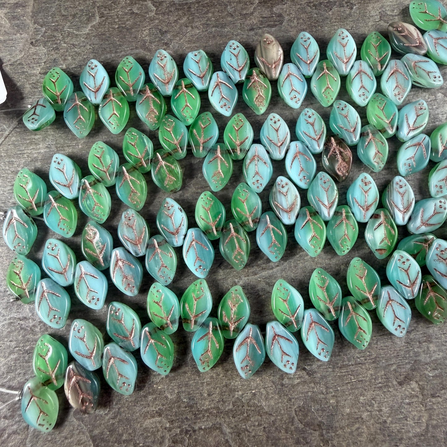 Czech Glass Beads - 8x12mm Briolette Style Leaf, Light Blue and Green (ApLeaf18) * 25 Beads
