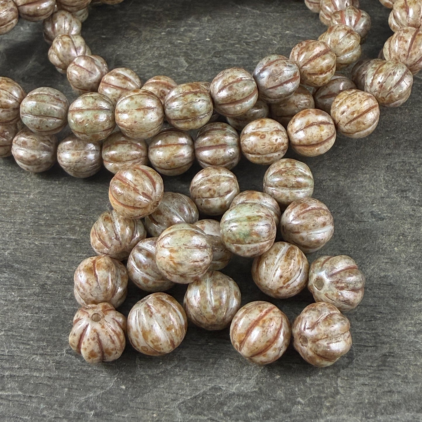 Czech Glass - 8mm Melon, Beige Alabaster with Picasso (2010/15657) * 20 Beads